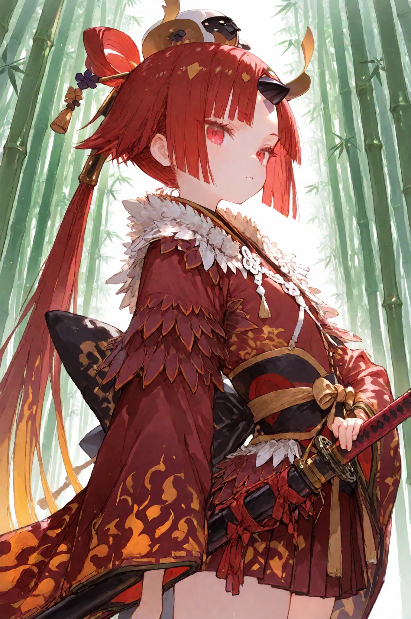 1 girl、Beni-Enma（Fate grand order）、red eyes、red hair、yellow hair、A black horn on the forehead、Feather Kimono、Flame print、young、とてもyoung、Short Height、ponytail、Japanese sword、out of place、bamboo forest、HIGH DEFINITION、masterpiece、