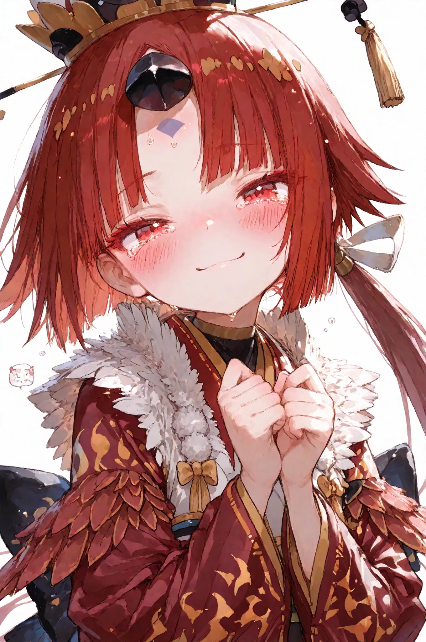 1 girl、Beni-Enma（Fate grand order）、red eyes、red hair、yellow hair、A black horn on the forehead、Feather Kimono、Flame print、young、とてもyoung、Short Height、ponytail、Blush、Smile Yan、Tears of joy、crown、and indoor、HIGH DEFINITION、masterpiece