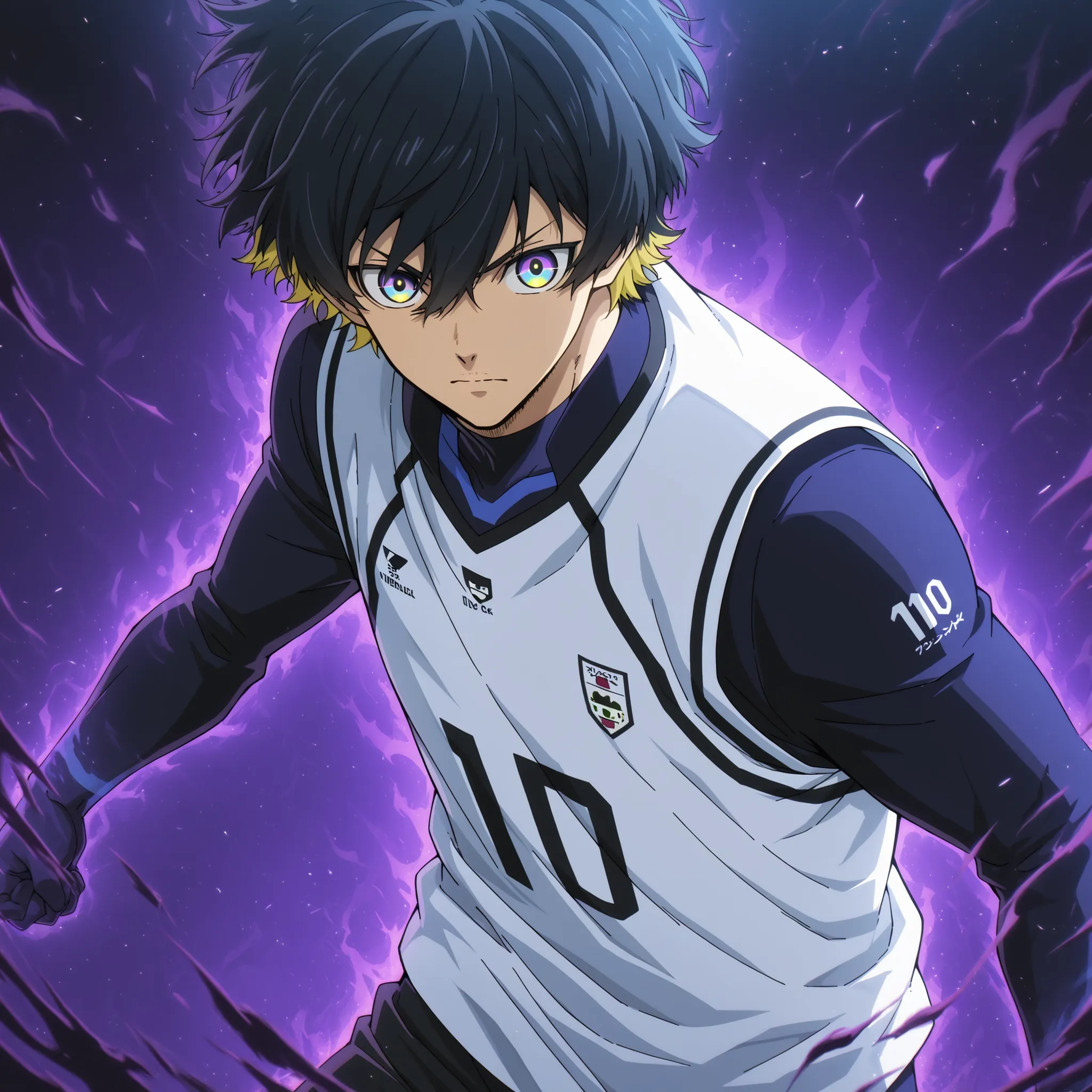 white tank top,dark aura, blue_ lock_style,anime boy, soccer uniform ,shirt number 10, black hair ,blond highlights, multicolored eyes