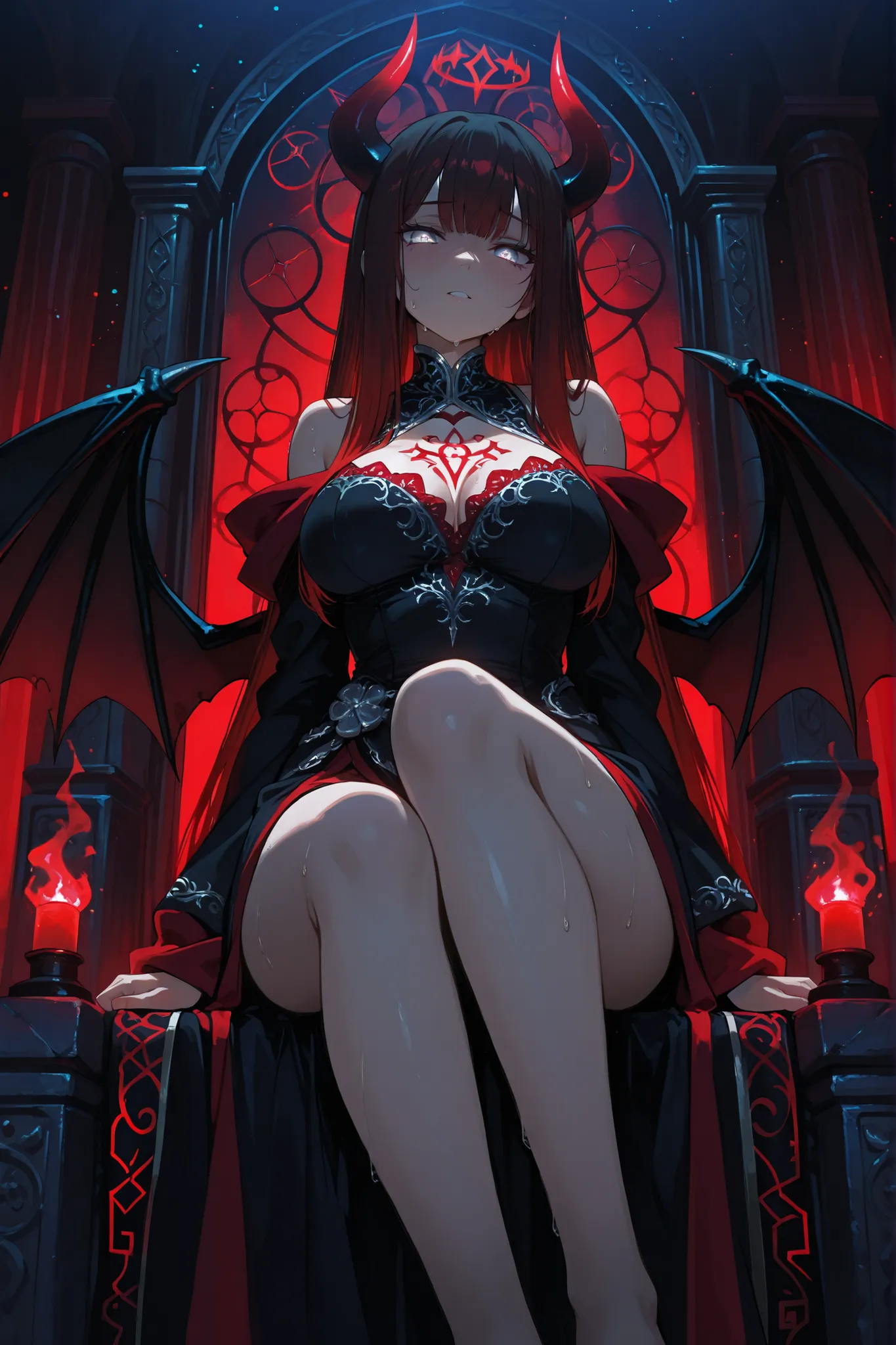 anime style, Low angle medium close-up，A shaky female demon lord, nervously looked down at the audience with tearful round silver eyes, Straight Hair、Long hair、超Long hair，Glowing particles floating in the air, Black to red gradation from black to dark red ...