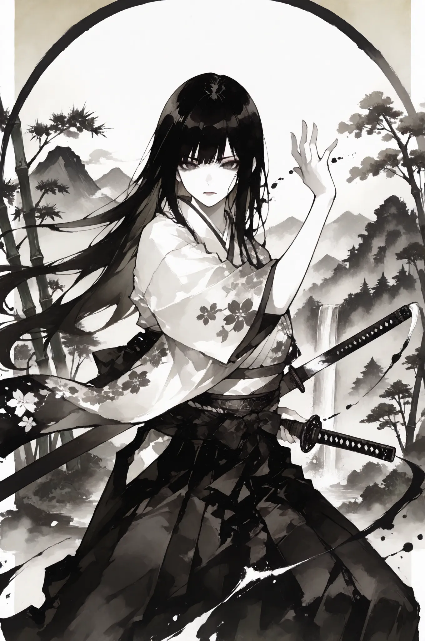 top quality,  ink painting style, The Depictive Power of Art, 1girl, traditional japanese ink painting, female samurai, flowing kimono, detailed brush strokes, ink splash effects, katana with detailed tsuba, fierce expression, long black hair in traditiona...