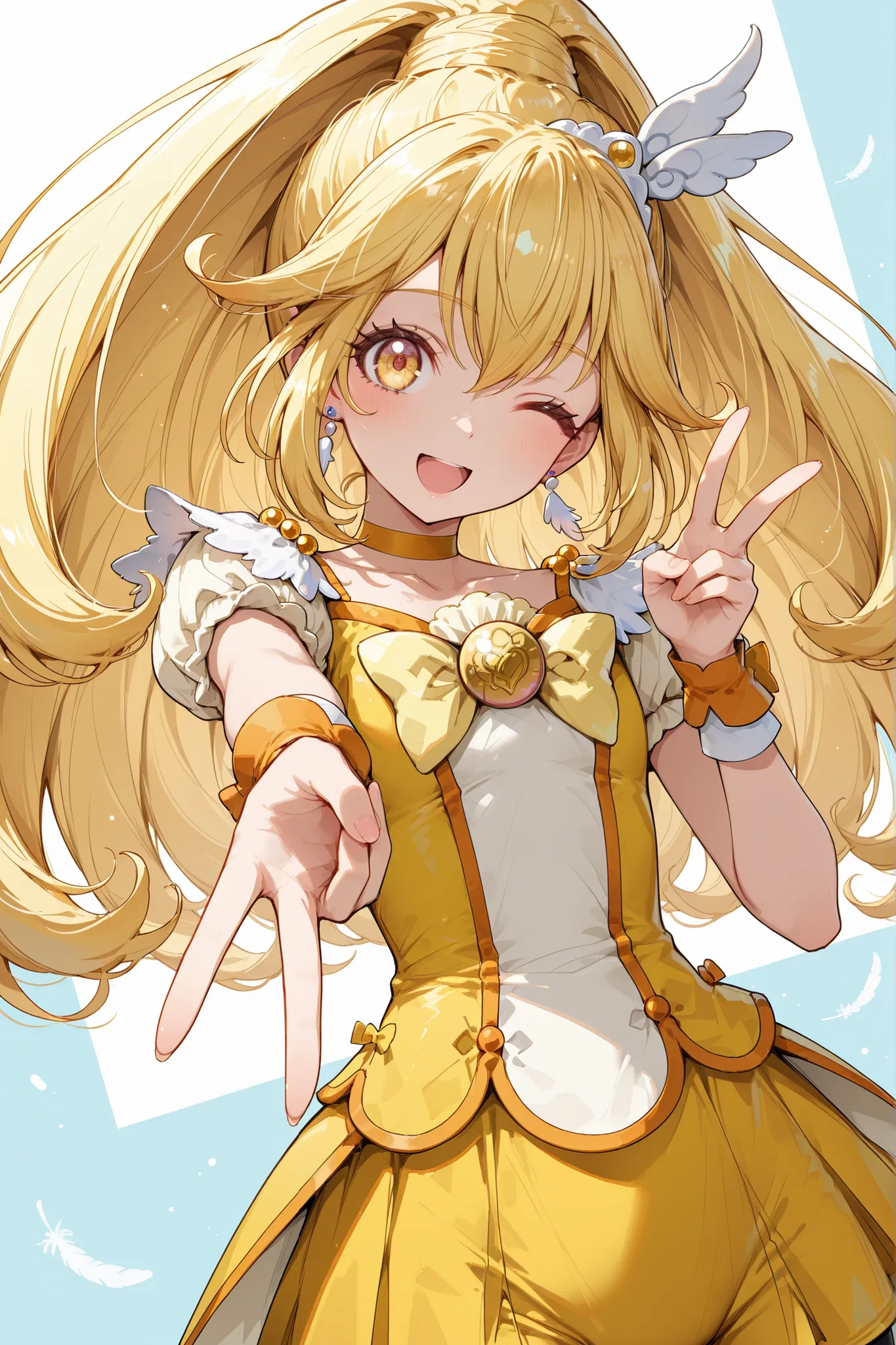 masterpiece,perfect anatomy,high resolution, ultra-detailed,beautiful detailed eyes,dutch angle,absurdres,
cure peace,1girl,yellow eyes,wide ponytail,hair flaps,hair between eyes,yellow hair,hair ornament,wing ornament,tiara,yellow choker,feather earrings,...