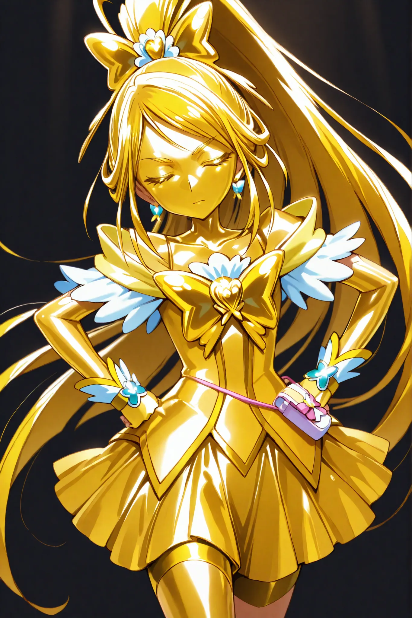 Cure Aqua, masterpiece, best quality, Newest, very high resolution, closed eyes, yellow hair,  yellow sclera, closed mouth, No students, Yellow skin, SHINY SKIN,  metal skin, Black eyebrows, Hanging eyebrows, 1girl, solo, cowboy shot, standing, Dynamic, wa...