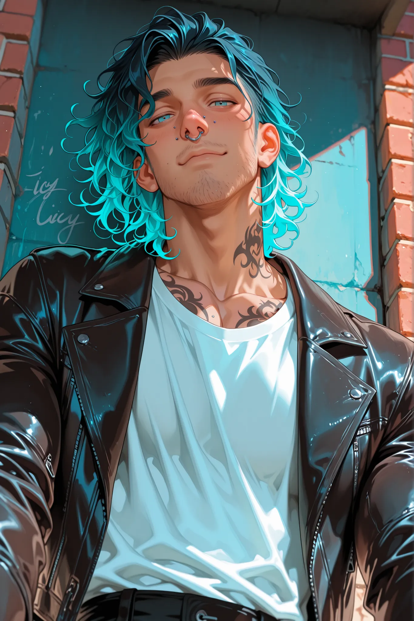 1man, broad shoulder, narrow waist, stubble facial hair, nose piercing, muscular, tattoos, short wavy hair with sides shaved, short black to pastel blue gradient hair, icy blue eyes, white  shirt, leather jacket, leaning against brick wall, flirty expressi...