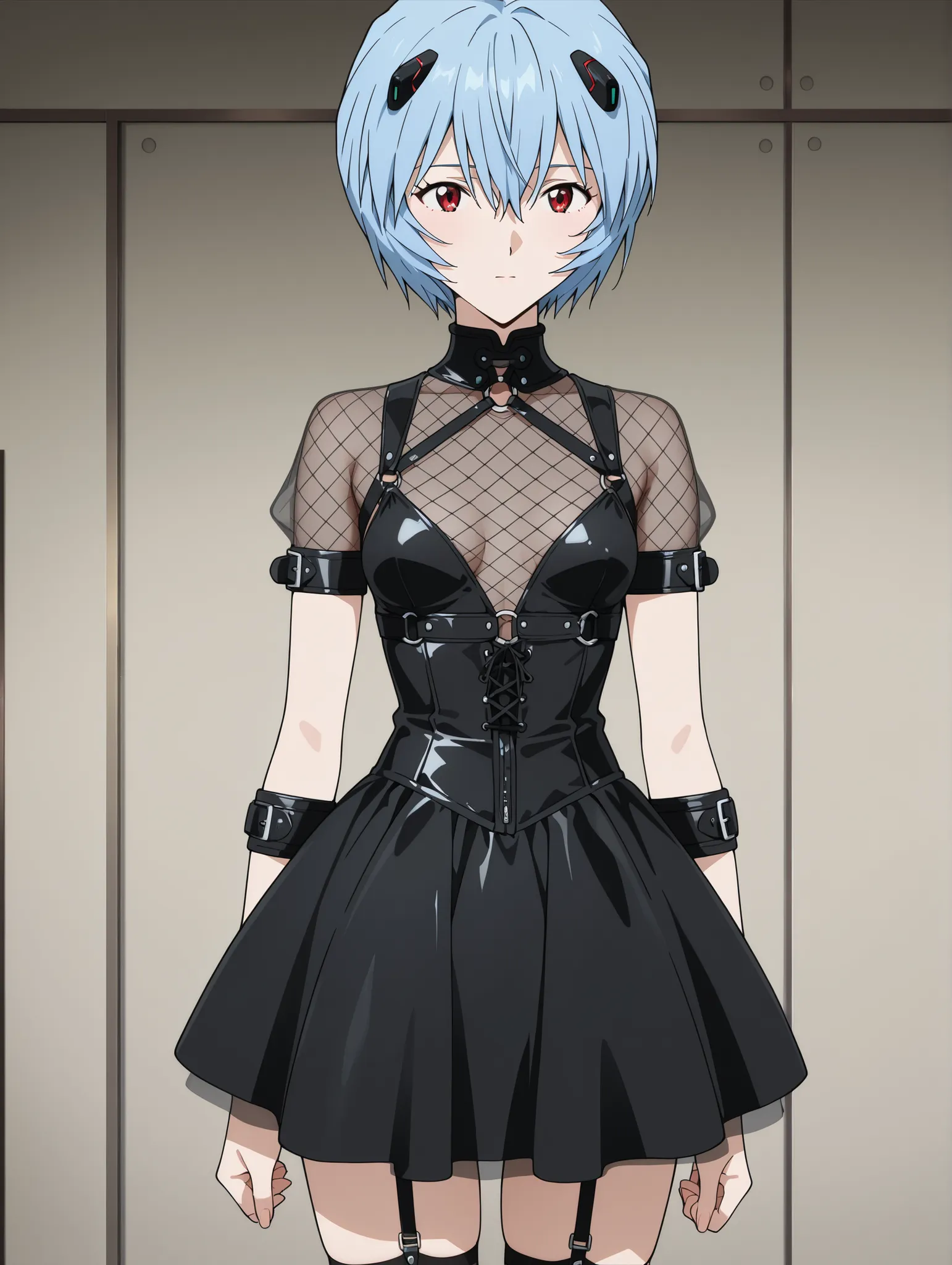 masterpiece, best quality, newest, absurdres, highres, detailed eyes, beautiful, detailed background, perfect eyes, anime coloring, anime screencap, 1girl, solo, ayanami rei, blue hair, short hair, hair between eyes, red eyes, small breasts, maid,black lea...