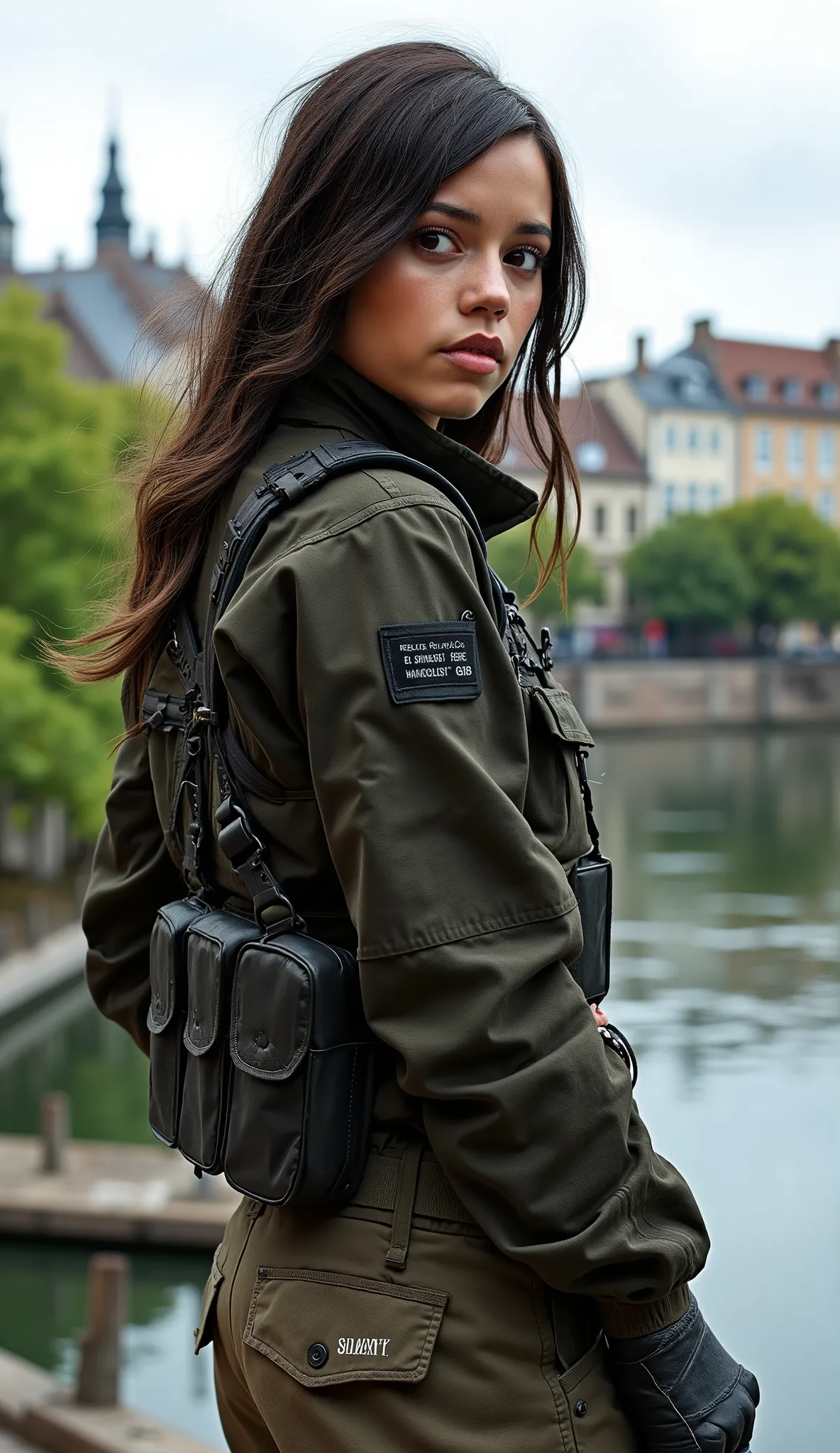 Jenna Ortega mega-realistic with military tactical clothing upper body background Belgian city with the city of England in high quality people buildings and trees and a lake, She is close to the camera