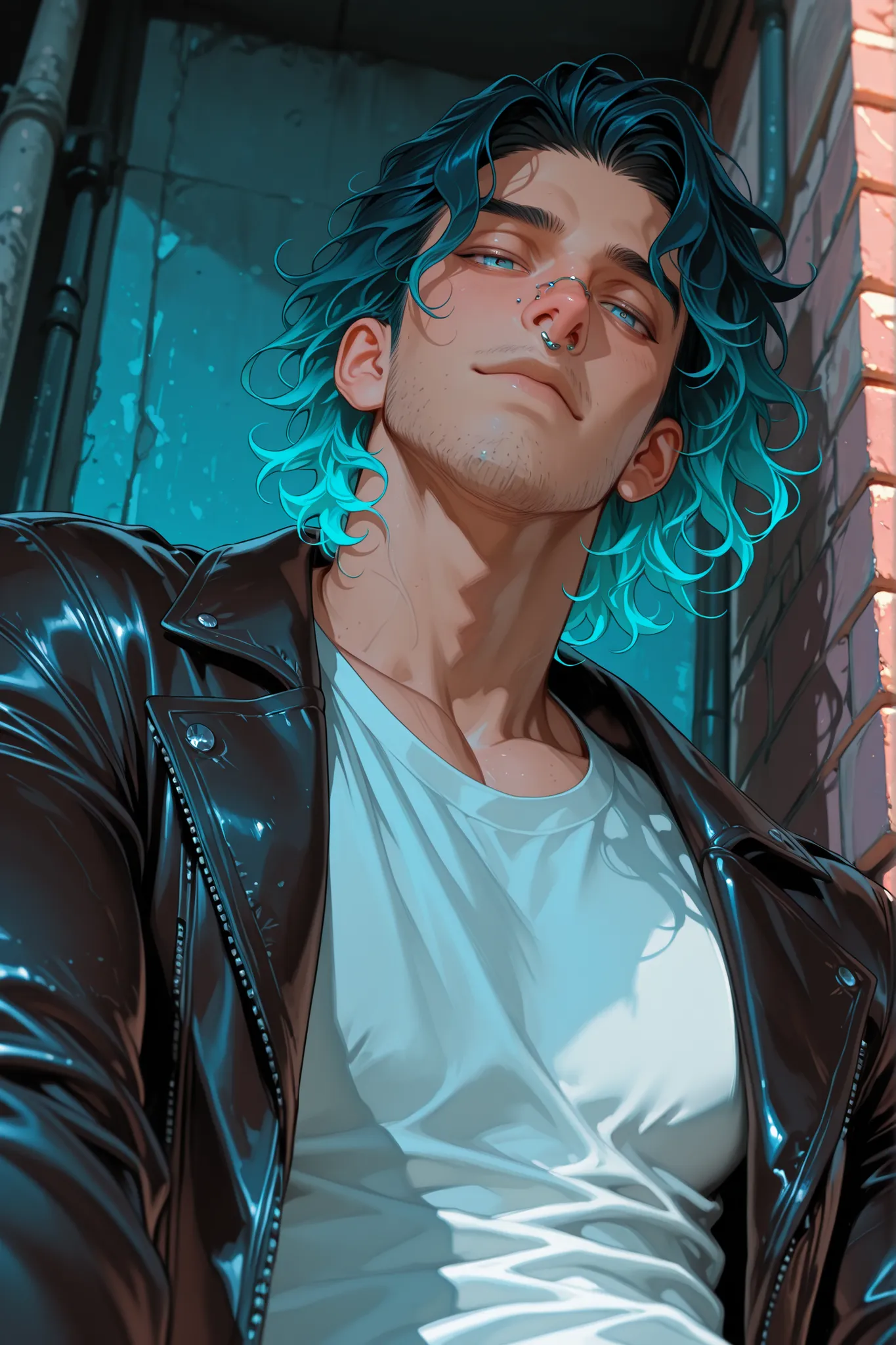 1man, broad shoulder, narrow waist, stubble facial hair, nose piercing, muscular, short wavy hair with sides shaved, short black to pastel blue gradient hair, icy blue eyes, white  shirt, leather jacket, leaning against brick wall, seductive expression, po...