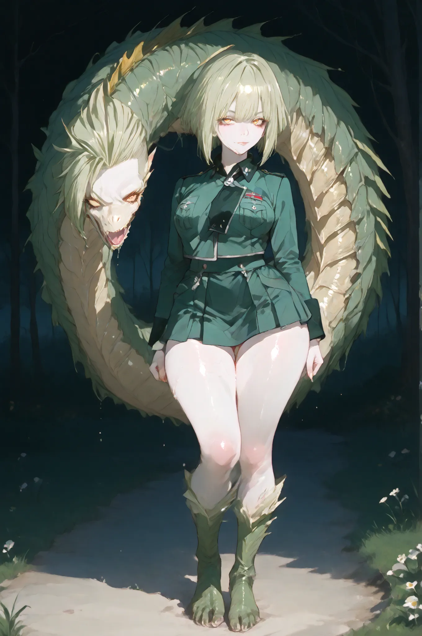 masterpiece, best quality, amazing quality, very aesthetic, high resolution, very aesthetic, hyper-detailed,rating_explicit, fan art, nsfw, mature beautiful woman, two-head monster girl, ginger hair, mohawk haircut, medium breasts, wide hips, pale skin,ful...