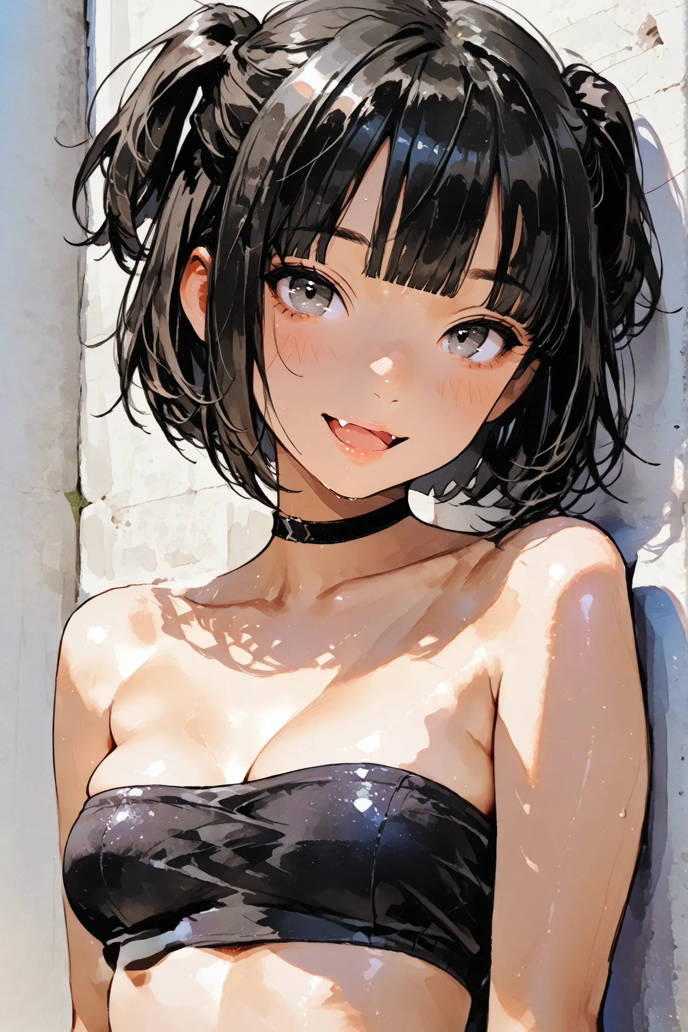 1girl,Super Detailed,absolute resolution,(dynamic angles),(tanned skin:0.3),(tanlines:0.3),portrait,(pinup),Beside viewer,
(leaning on wall,arms at sides,palms on wall),head tilt,
((bandeau bikini)),(barefoot),
detailed and beautiful face and eyes,black ha...