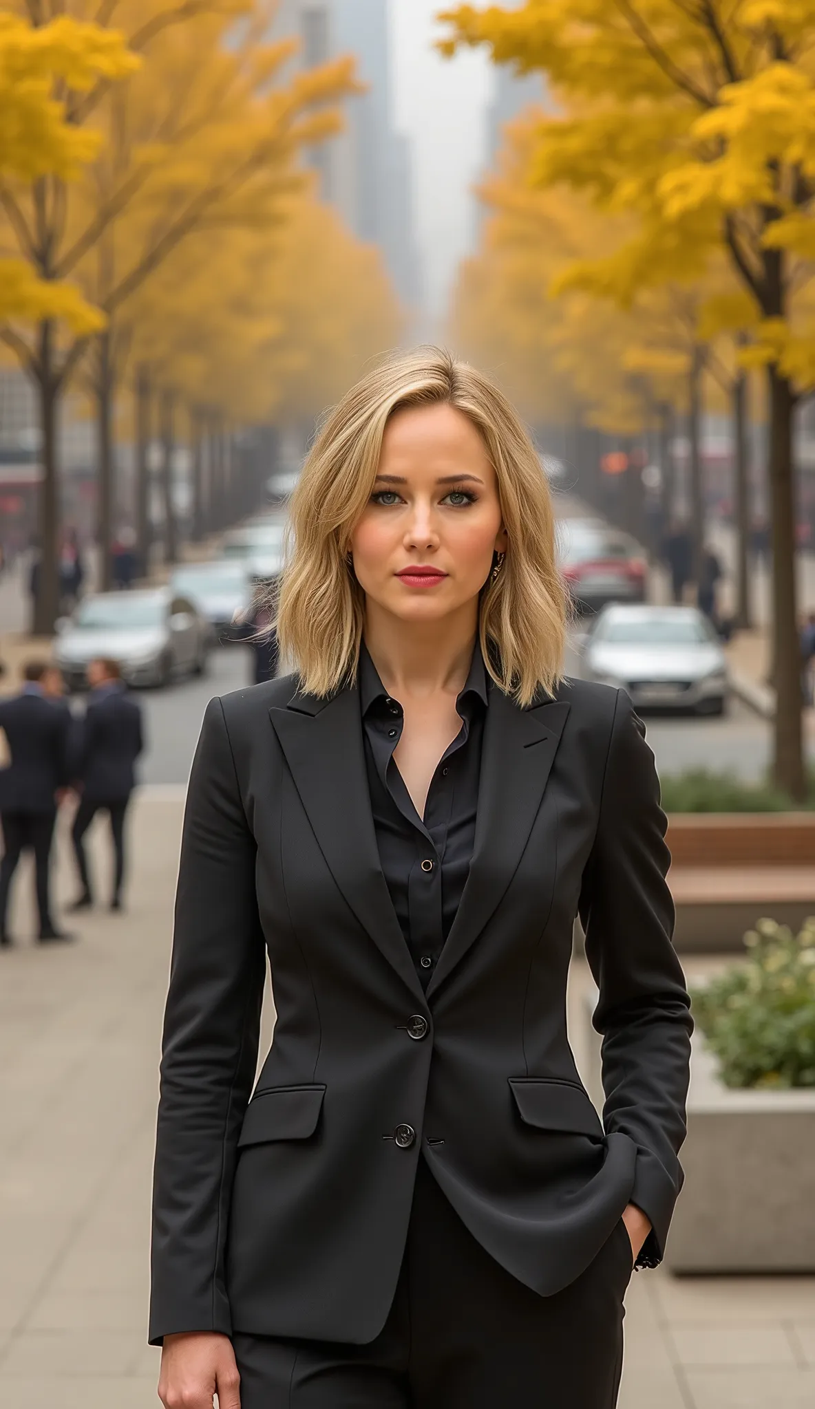 Jennifer Lawrence in a suit and shirt in high quality epic background with cars a street a square people and benches yellow trees 