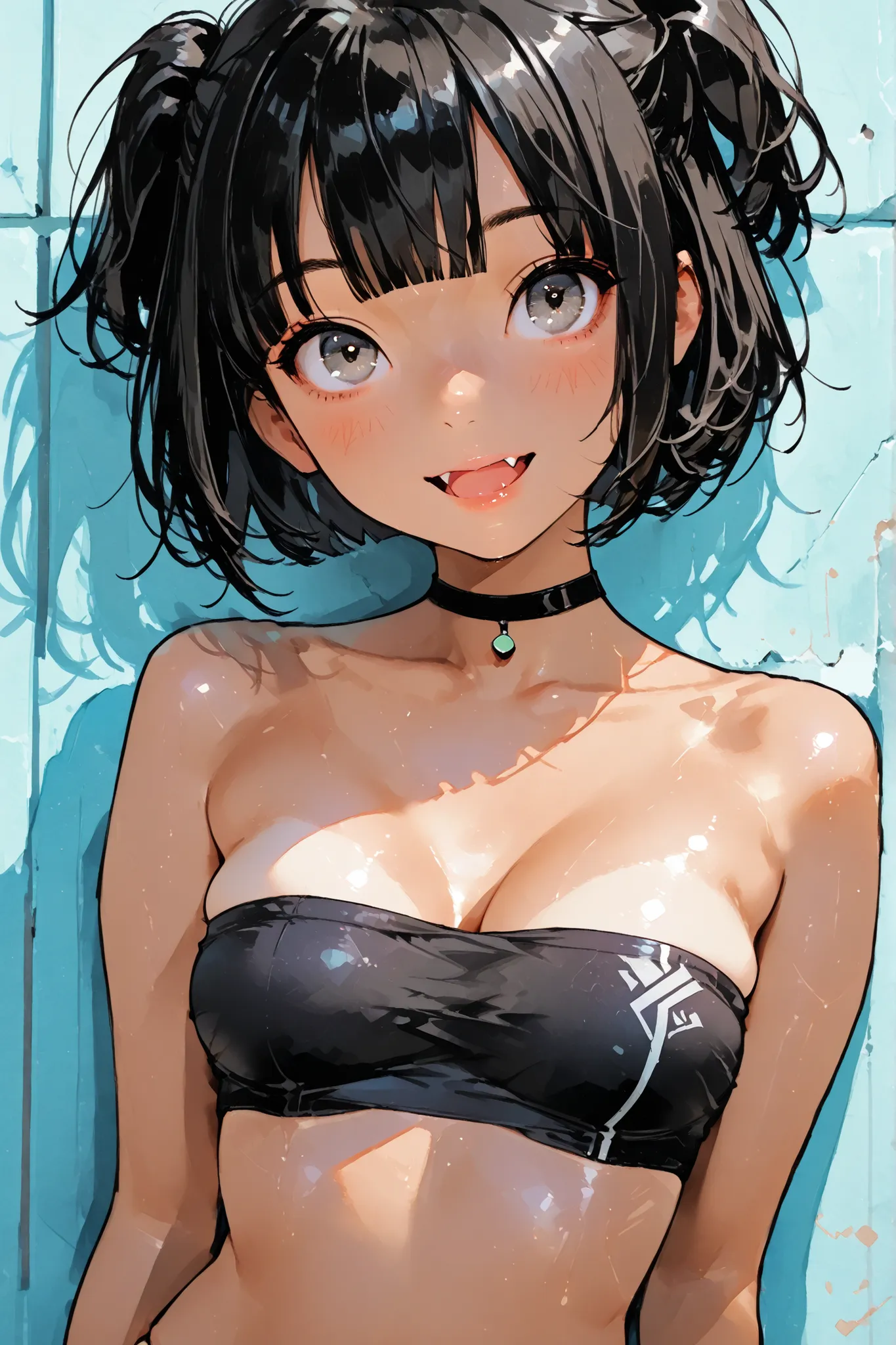 1girl,Super Detailed,absolute resolution,(dynamic angles),(tanned skin:0.3),(tanlines:0.3),portrait,(pinup),Beside viewer,
(leaning on wall,arms at sides,palms on wall),head tilt,
((bandeau bikini)),(barefoot),
detailed and beautiful face and eyes,black ha...