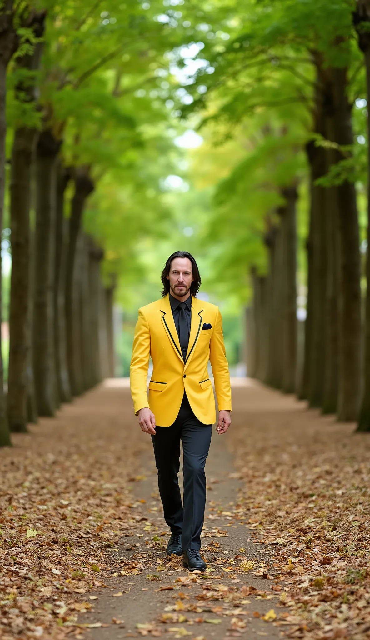 Keanu Reeves in a yellow tuxedo with black and gold details,  Caminho na Floresta (Painel 3D Newborn)
Ambiente: A narrow dirt path lined with two perfect rows of tall and sturdy trees, forming a natural tunnel.

vegetation: The trees are dense and covered ...