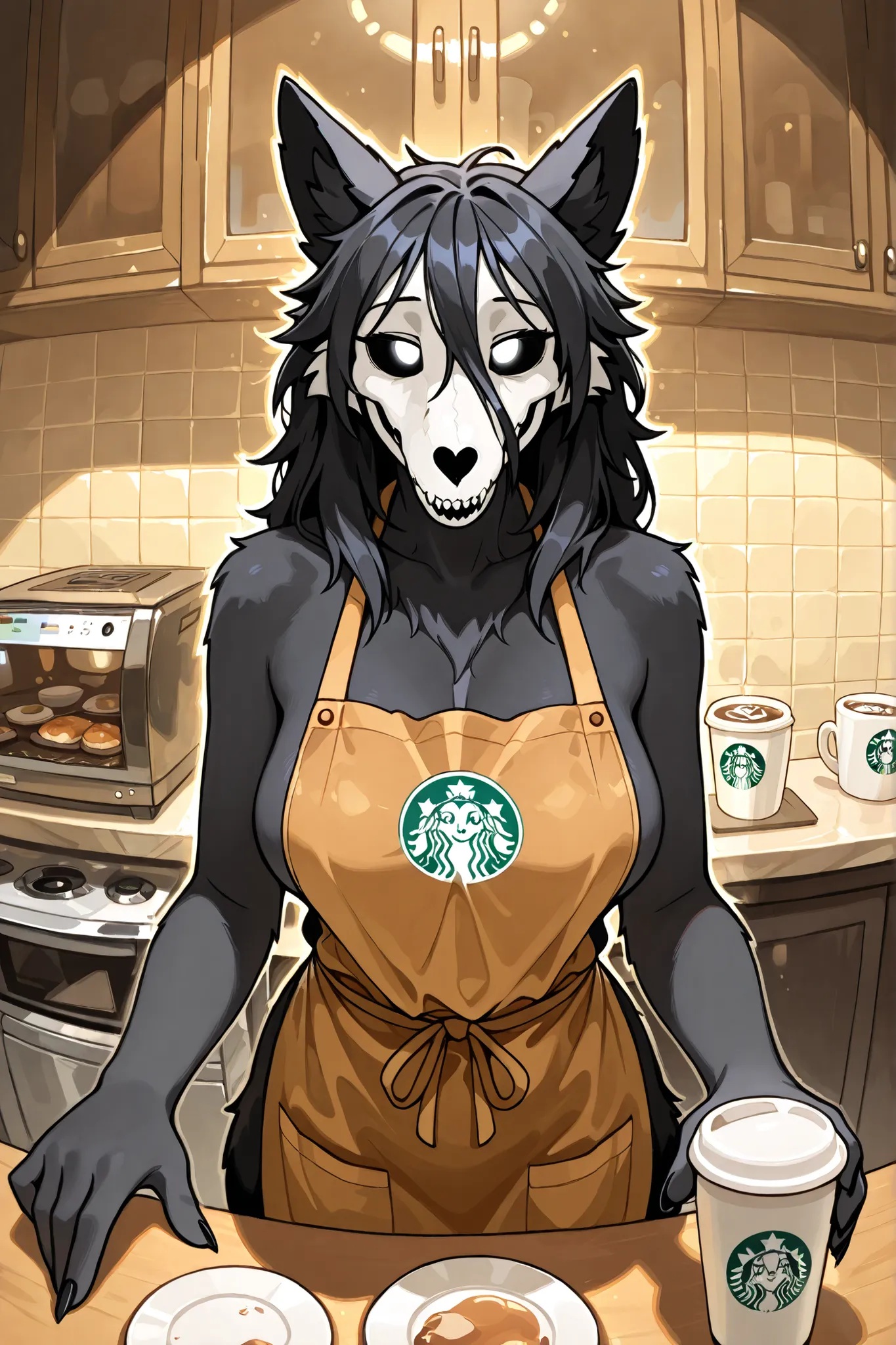 starbucks, coffeeйня, there is, windows, in front of the viewer, anthro, wolf, SCP-1471, girl, black fur,  apron, coffee
