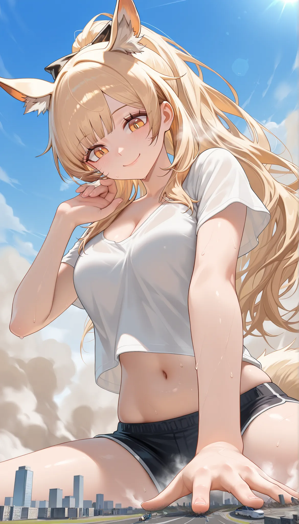 blemishine_\(arknights\), blonde hair, ponytail, yellow eyes, hair bow, giantess, microcity, hold up your hand, Woman trying to crush the city with her hands, powerful, hand focus, white shirt, sweat, Steam, Cleavage, ホットパンツ, navel, I'm lifting one hand, T...