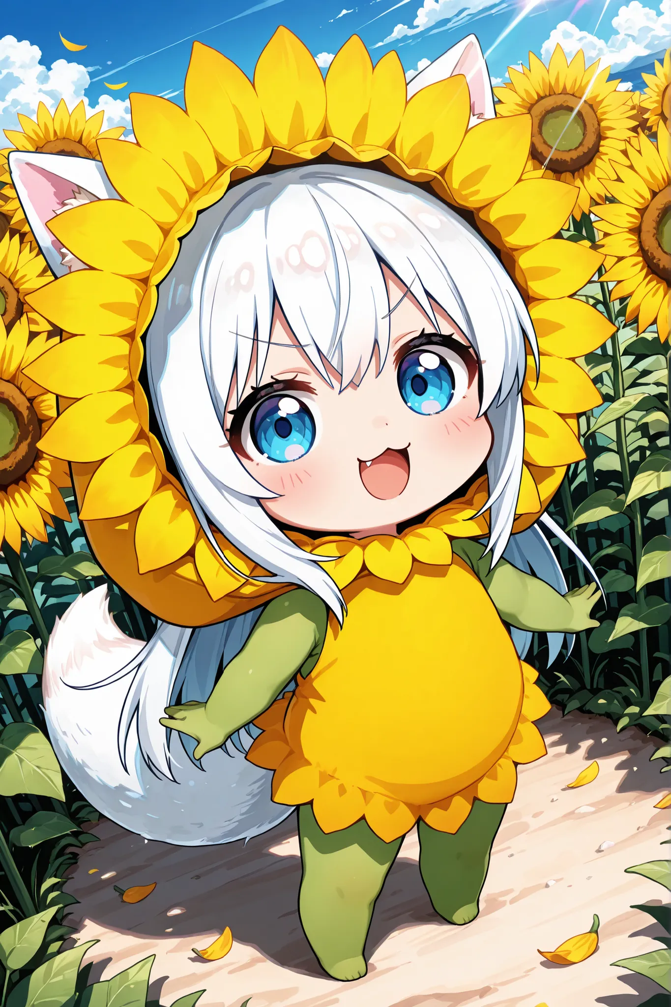 ((Masterpiece)),((best quality)),((incredibly absurdres)),((8K)),(anime style),
(1 chibi girl),((Deformed chibi)),solo,white hair,long hair,straight hair,blue eyes,baby face,cute,kawaii,BREAK (white fox tail),(white fox ears),white ear hair,pink inner ear,...