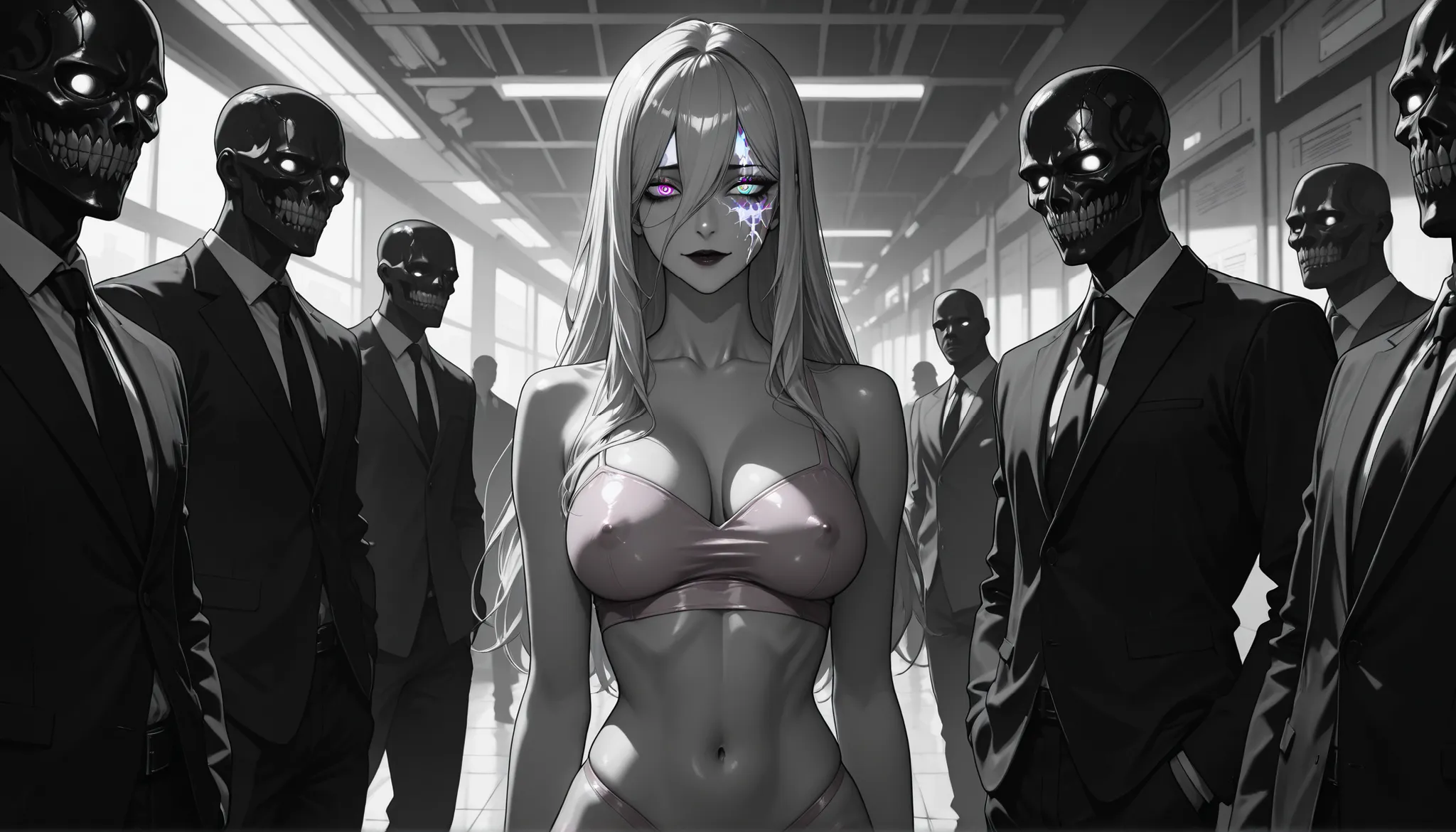 8k,masterpiece, best quality, super high resolution, high resolution, BLACK AND WHITE image, monochrome, slanted eyes, 20s, girl, long bangs, long hair, pink naked woman, ((SEDUCING the VIEWER)) , soulless and demonic, empty cold look, (cracked masked face...