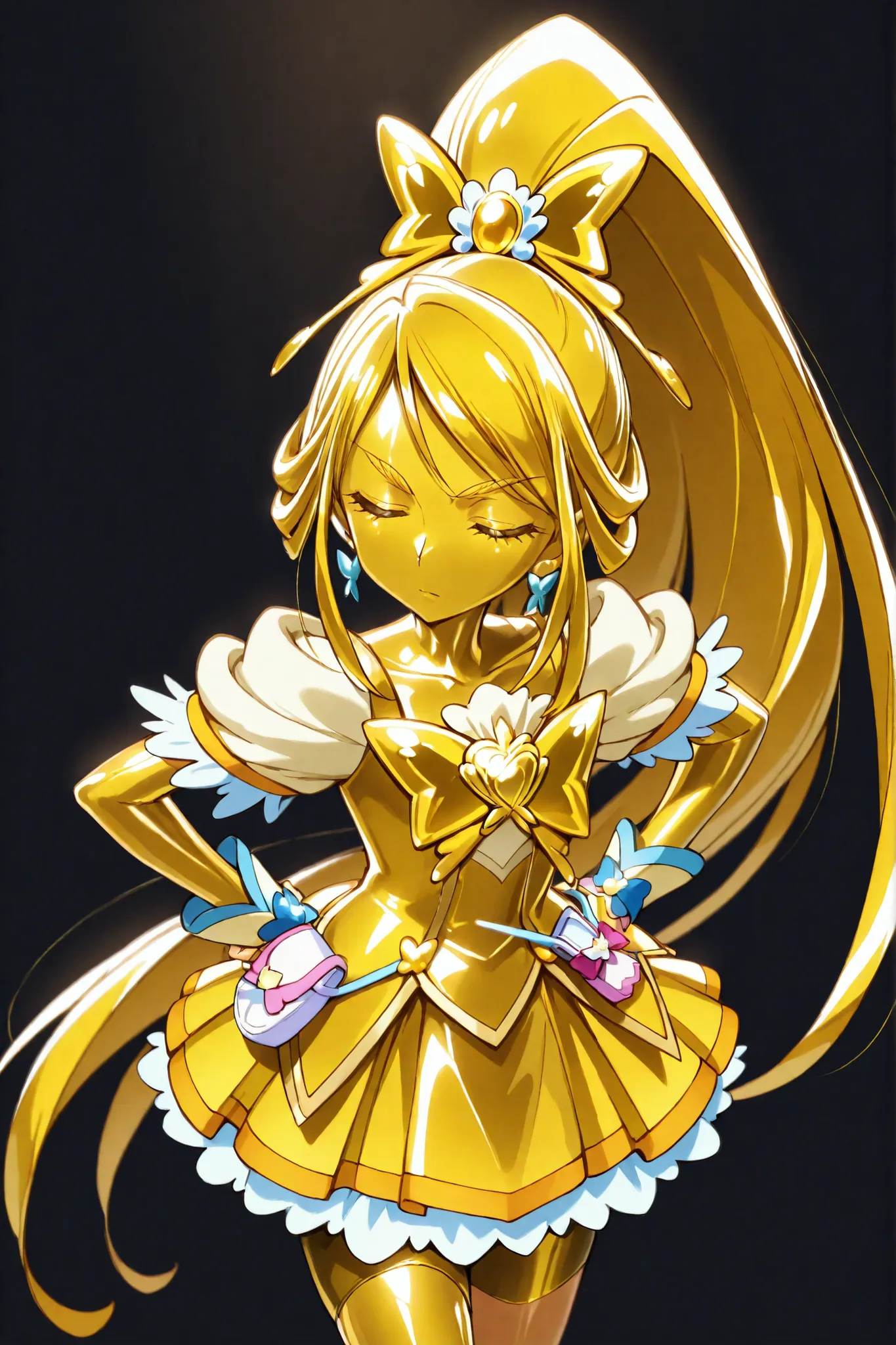 Cure Aqua, masterpiece, best quality, Newest, very high resolution, closed eyes, yellow hair,  yellow sclera, closed mouth, No students, Yellow skin, SHINY SKIN,  metal skin, Black eyebrows, Hanging eyebrows, 1girl, solo, cowboy shot, standing, Dynamic, Wa...