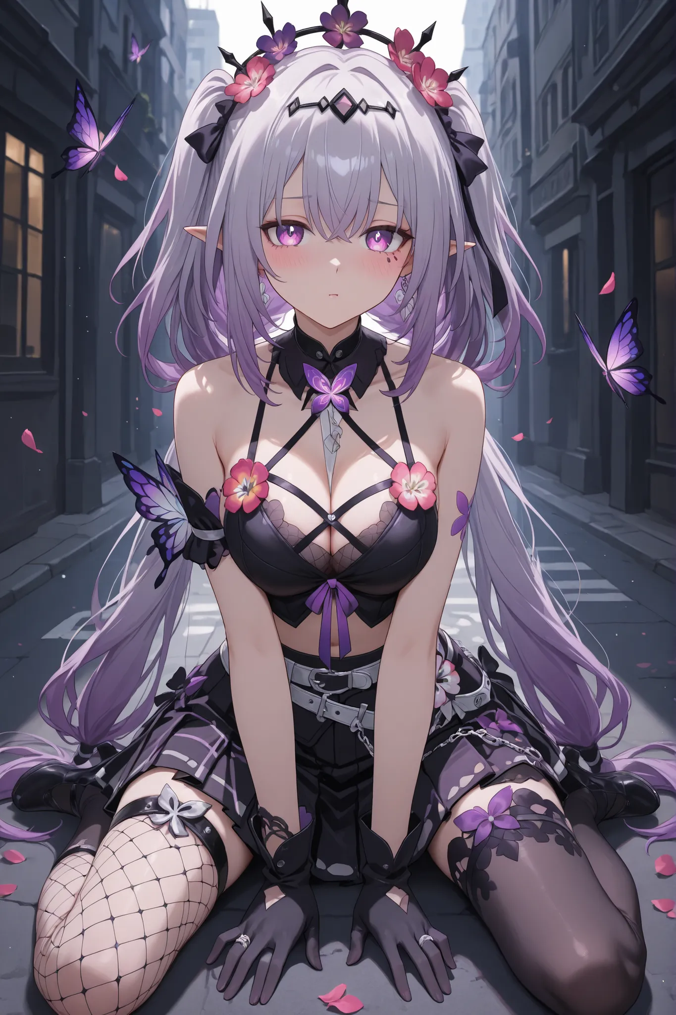 Castorice from Honkai Star Rail, beautiful anime girl with long lavender hair in twin tails, wearing a black lace crop top with thin straps, deep cleavage, and a short pleated purple plaid skirt. She has violet-purple eyes with a soft glossy effect, slight...