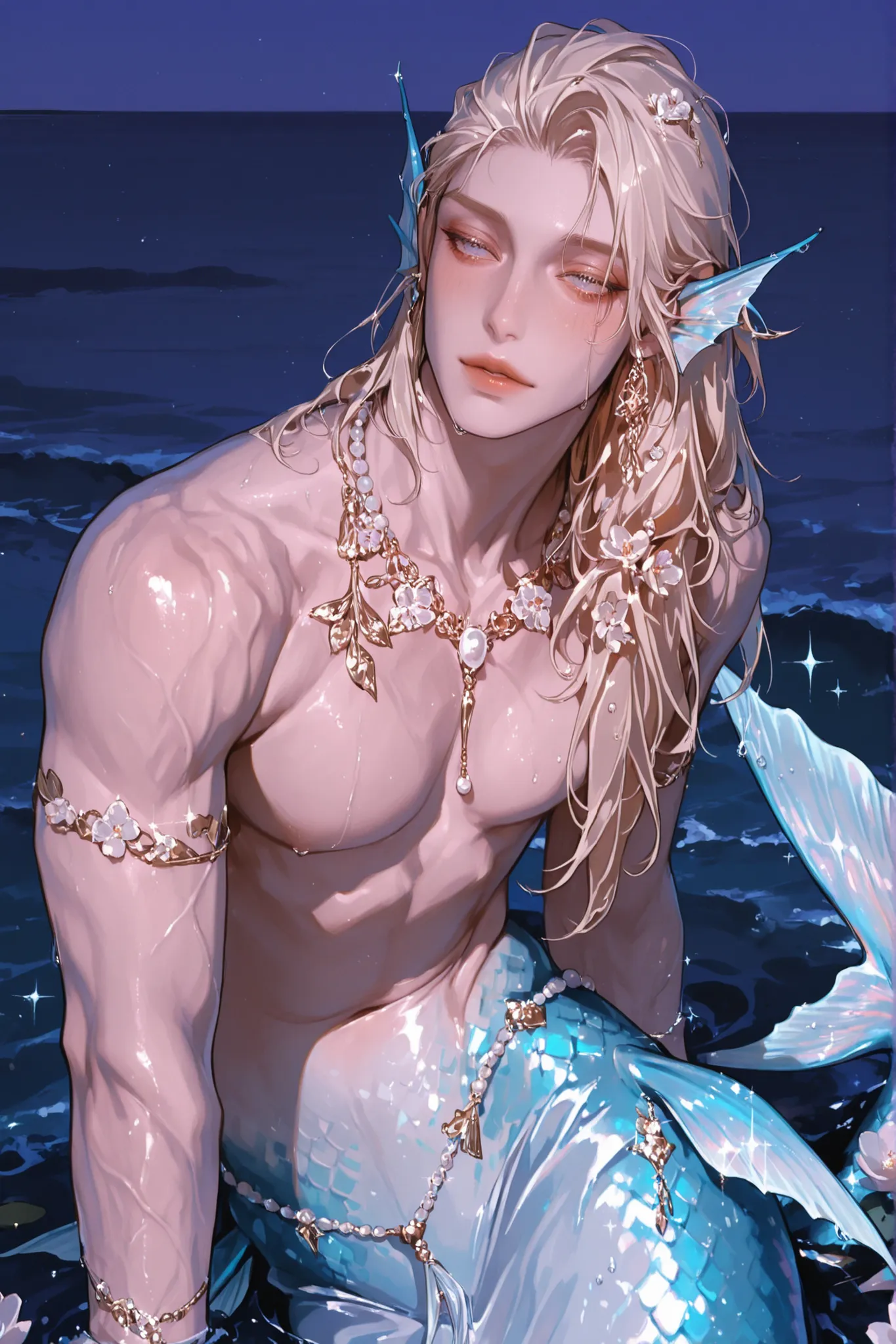 a beautiful and soft male mermaid (lonely), (male ), soft bare chest muscles ,beautiful and soft, golden and long hair flying in the water, white and silver-gold fish tail sparkles, Ear fins, ruby phoenix eye, pearl jewelry, pearl necklace, pearl jewelry, ...