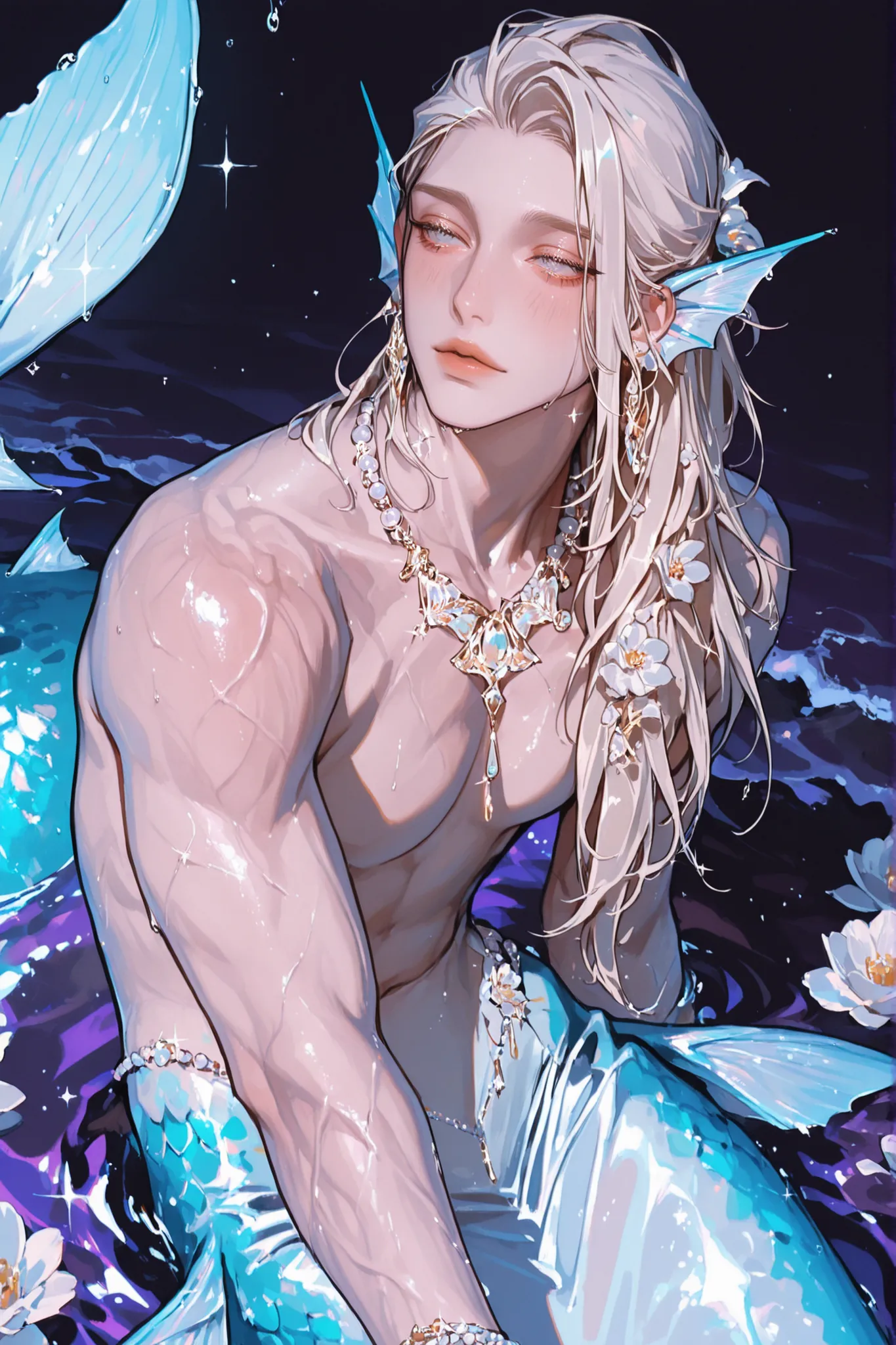 a beautiful and soft male mermaid (lonely), (male ), soft bare chest muscles ,beautiful and soft, golden and long hair flying in the water, white and silver-gold fish tail sparkles, Ear fins, ruby phoenix eye, pearl jewelry, pearl necklace, pearl jewelry, ...
