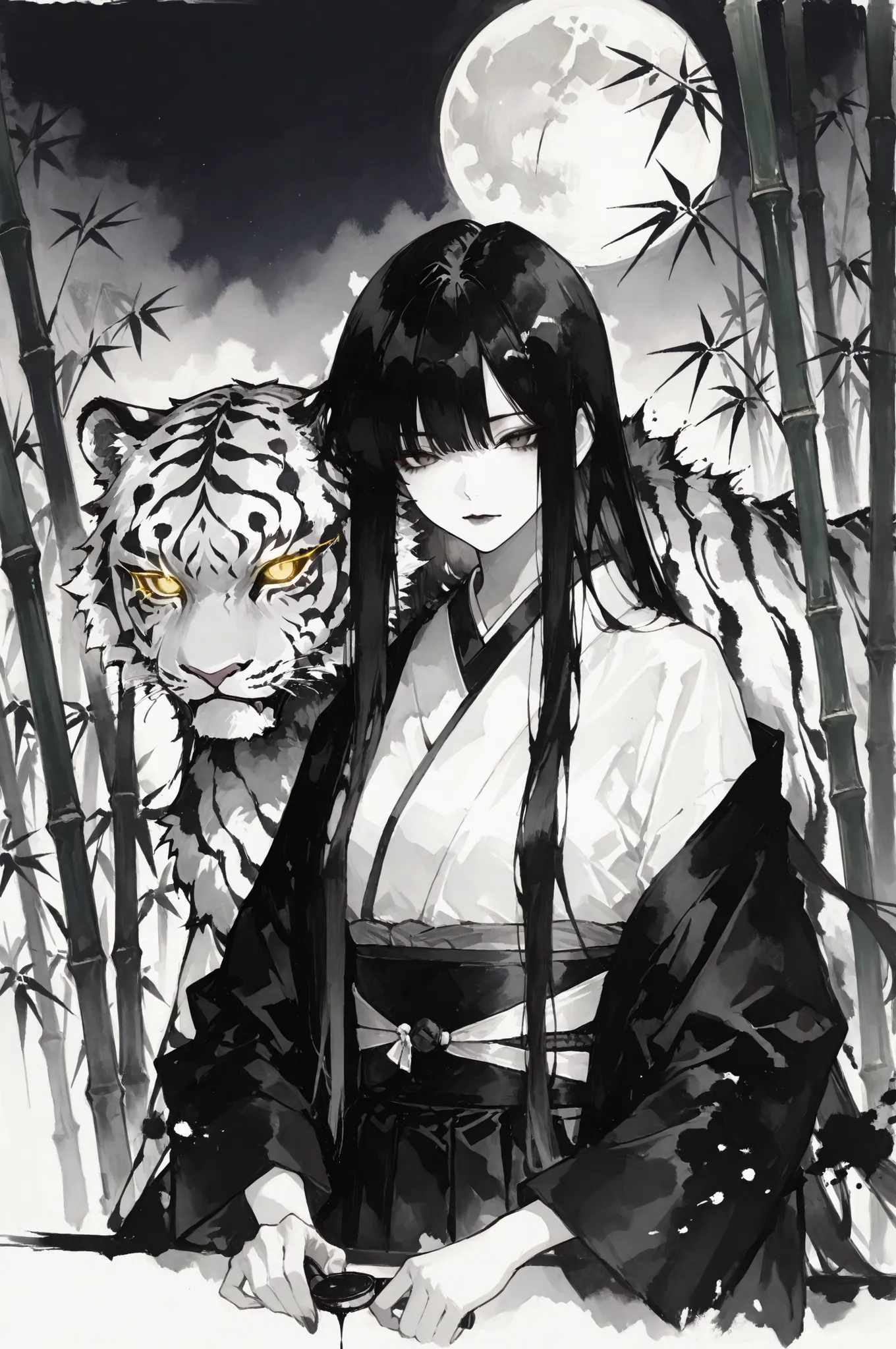 最高品質, 水墨画傑作, 優美描写力, 1girl, japanese ink painting style, monochrome artwork, elegant woman, fierce tiger, bamboo forest, full moon, ink wash effects, brush stroke techniques, flowing kimono in ink style, detailed tiger ink patterns, dramatic ink splashes, t...