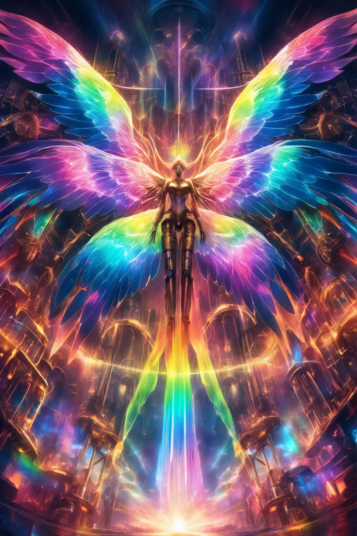 A vast floating steampunk metropolis with prismatic mechanical feather wings, each brass structure refracting light into rainbow spectra, energy cores bursting like liquid auroras, sunset blending with polar light effects, mist turning into chromatic aberr...