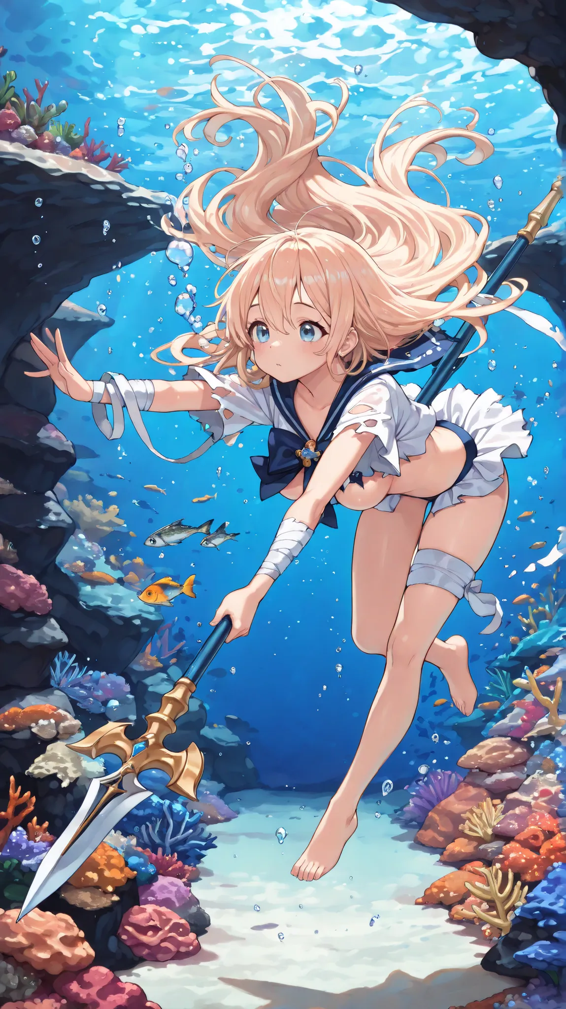 cute,748cm style,Underwater,grotto,Underwater cave,sandy seabed,seabed,reef,(Masterpiece:1.2, top quality), (beautiful and detailed eyes: 1.2), ((1 beautiful woman)),  (beautiful background:1.2), (Highly detailed CG, super detailed),(Very detailed and beau...