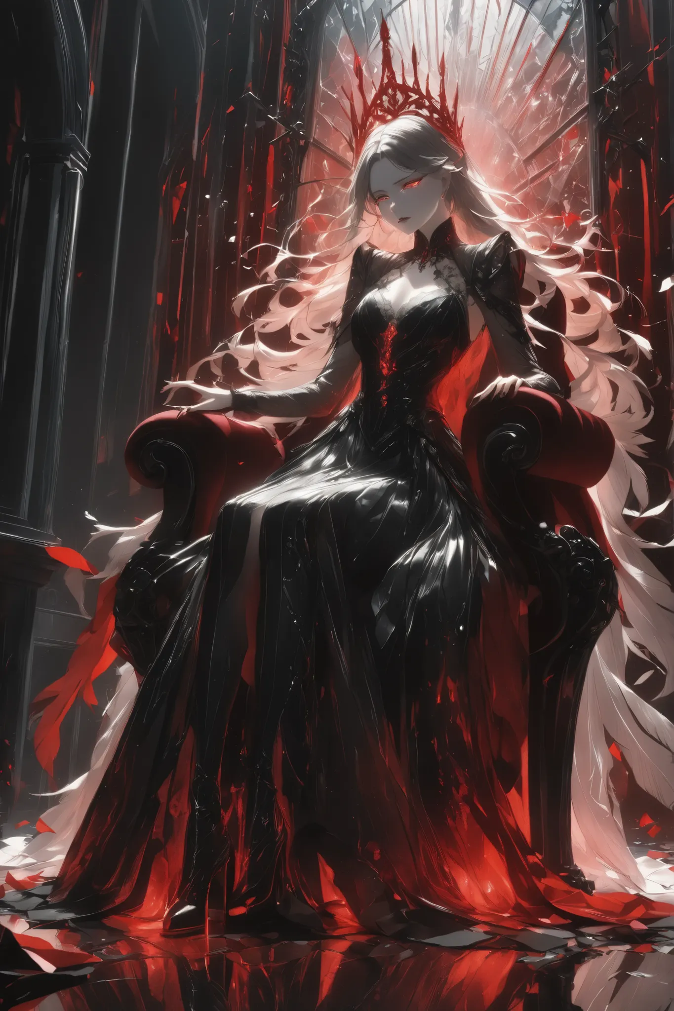 A regal yet dangerous woman with your model's signature translucent feathers now stained blood red, seated arrogantly on a crumbling throne of shattered mirrors, each reflection showing a different cruel expression, intricate black lace gown fused with cyb...