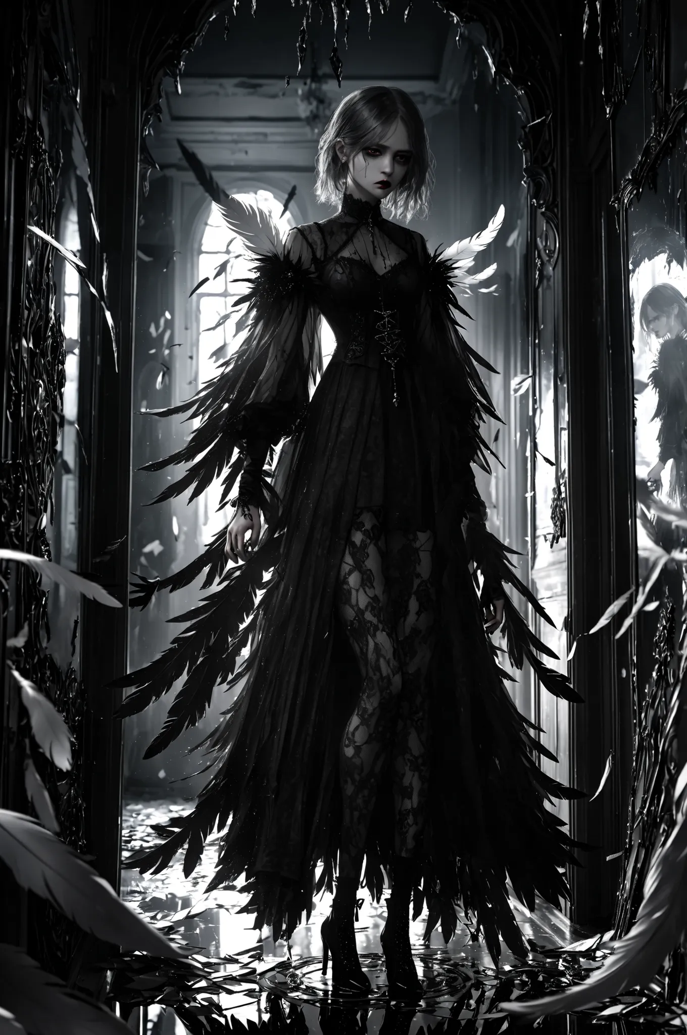 Mysterious woman with translucent void-like feathers blending into dark energy, Eveline's signature gothic lace integrated into her attire, standing in a corridor of broken mirrors where each reflection shows a different facet of her personality, highly de...