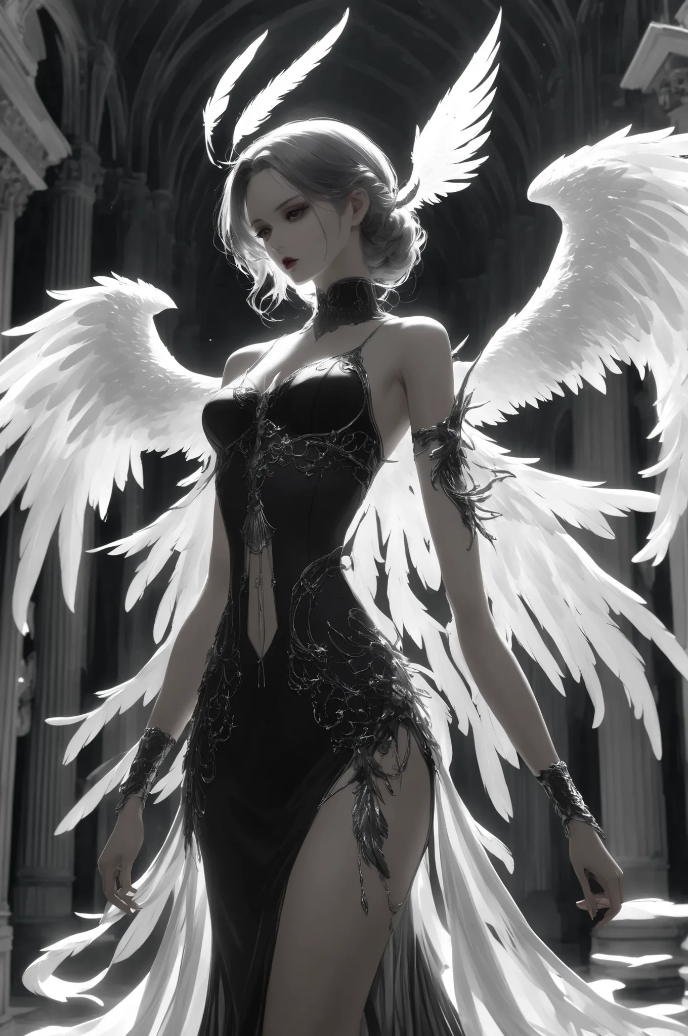 Mysterious woman with PERFECT ANATOMY, her void feathers naturally balancing with slight hip tilt, shoulders aligned with classical sculpture proportions, wings emerging seamlessly from scapula, all while maintaining Eveline's gothic elegance and your mode...
