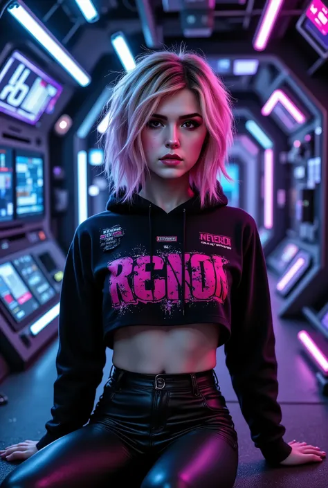 A highly detailed, photorealistic image of a asian model, messy pink hair, wearing a cropped black hoodie with bold, distressed text and designs similar to a rock band logo,The RAMONES, exuding a rebellious, punk-rock vibe. The model sits confidently, with...