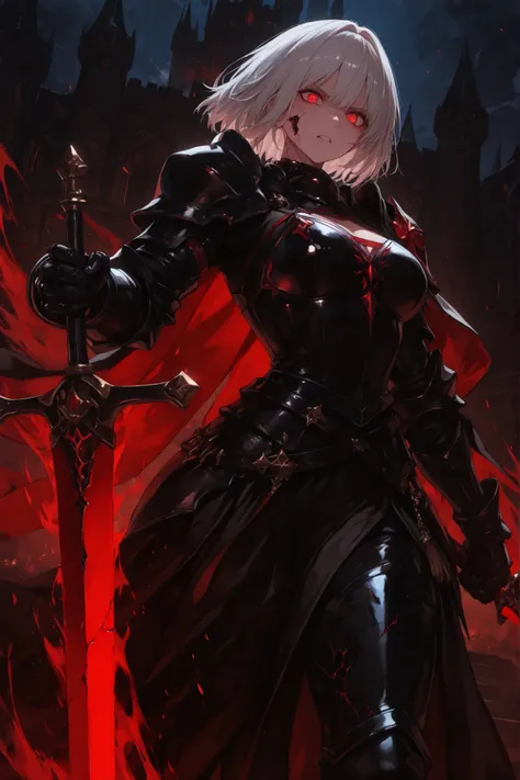 masterpiece, best quality, bright, very aesthetically pleasing, high contrast, newest , 1 divinely beautiful woman, 1girl, Pretty beautiful girl, Solo, woman, platinum hair, (short hair:1.2), red deadly eyes, deadly glare, angry expression, cracked skin, b...