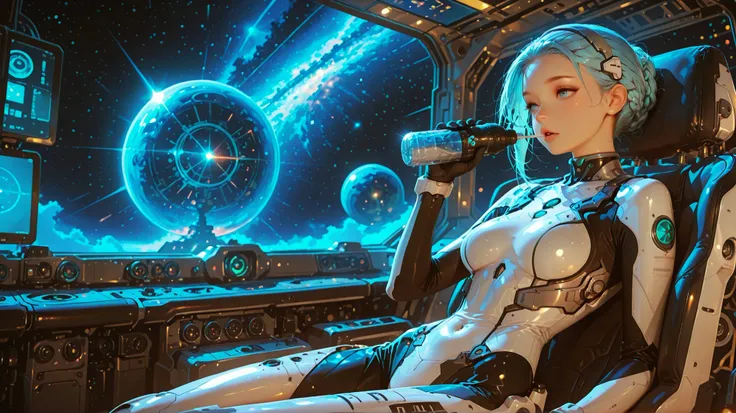 1girl, solo, (slicked back hair, light blue hair), light blue eyes, BREAK dark gray visor, wearing a reinforced exoskeleton, riding on a giant machine, sitting astride the cockpit, 
BREAK 
tubes connecting, from each part of the giant machine, to the power...