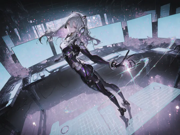 masterpiece, best quality, amazing quality, absurdres, 8k HDR, newest, colorful, limited palette, pastel colors, chromatic aberation, yoneyama mai, 1 Girl, Exia from GODDESS OF VICTORY: NIKKE, defexia,, mediumlong silver hair, Grey eyes, futuristic cyberpu...