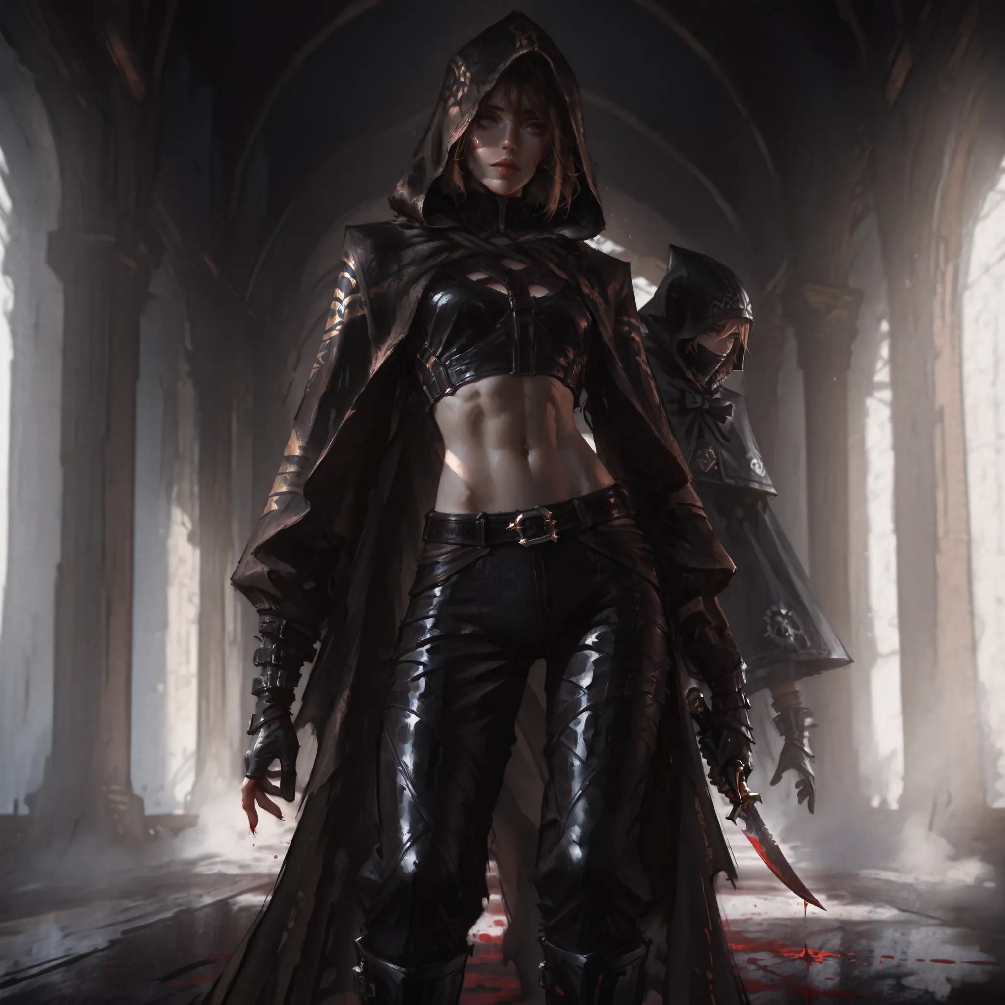 artist: wlop, masterpiece, best quality, illustration,( a young woman with pale skin), brown hair, brown eyes, black assassin outfit, hooded outfit, black hooded cloak, hood pulled up, full covering assassin cloak, black high neck top, detailed face , wear...