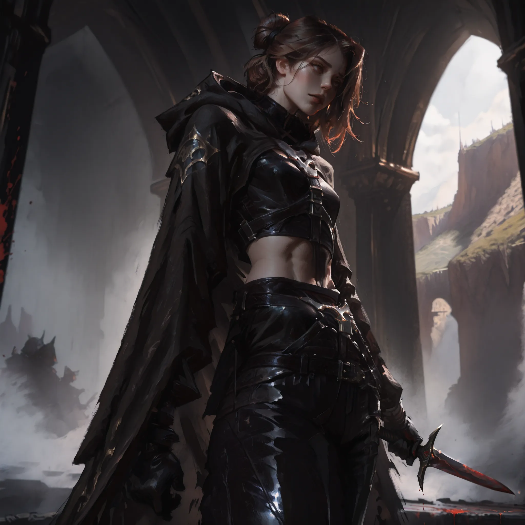 artist: wlop, masterpiece, best quality, illustration,( a young woman with pale skin), brown hair, brown eyes, half up half down bun hairstyle, black assassin outfit, hooded outfit, black hooded cloak, hood pulled up, full covering assassin cloak, black hi...