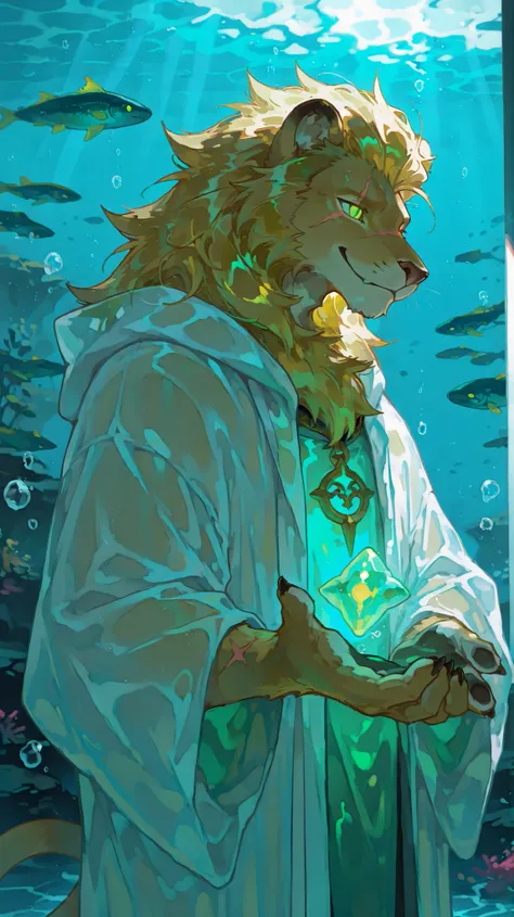masterpiece, best quality, 8K resolution, HDR, 4K resolution, sharp focus, vibrant colors, anime cel-shading style, semi-realistic anime with detailed furry features, a powerfully built male lion furry with golden mane floating in deep ocean, glowing emera...