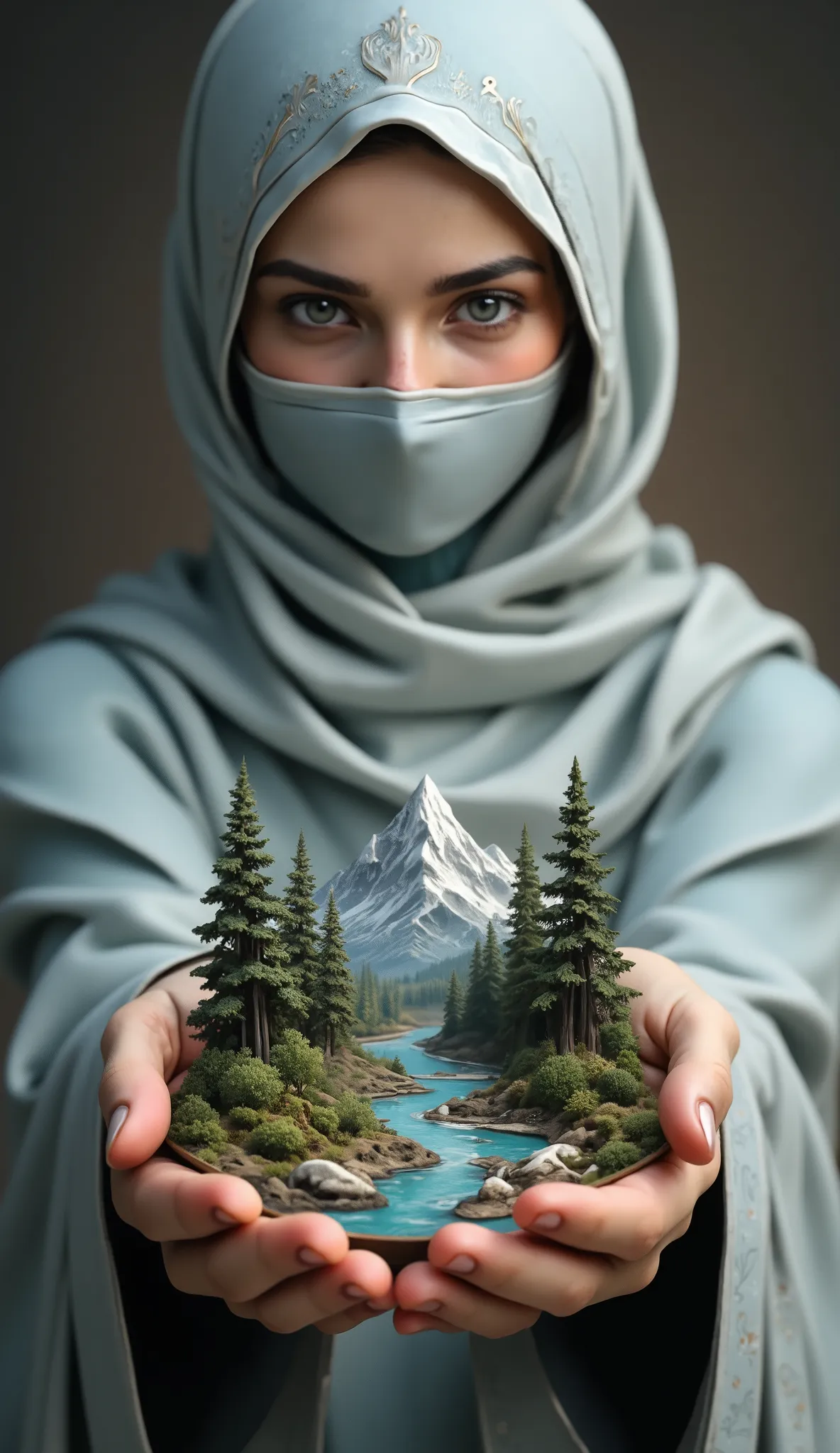 I need a picture of a mountain with trees and a river, so small, to be held by a muslim neqab abaya face veil woman hand in her hands