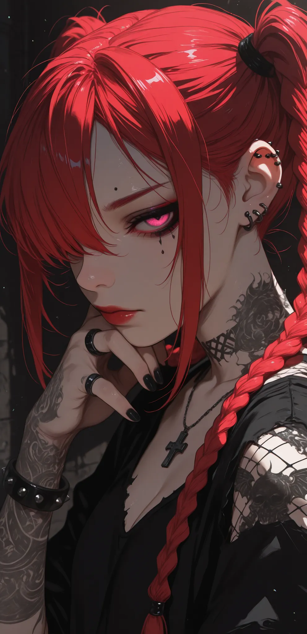(masterpiece:1.35), (very aesthetic, best quality:1.3), highly detailed, dark environment, backlit, absurdres, close-up view, detailed shading, realistic skin textures, female focus, solo, bracelets, tattoos, septum piercing, piercings, looking at viewer, ...