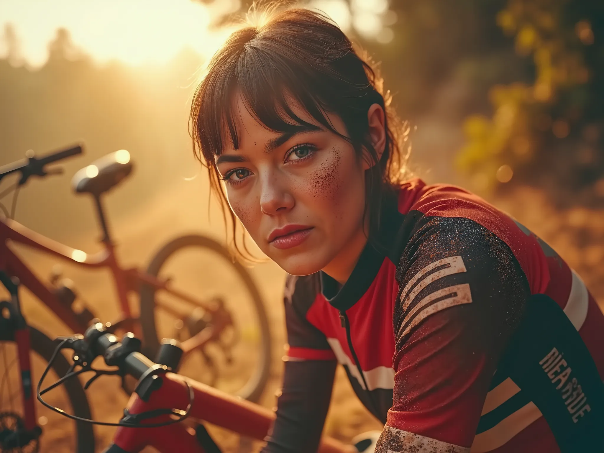 ((masterpiece), A close-up, eye-level, photorealistic portrait of a female mountain biker, her face and short, dark, wet hair heavily splattered with dirt and sweat, looking directly at the viewer with an intense, determined expression. She wears a red, bl...