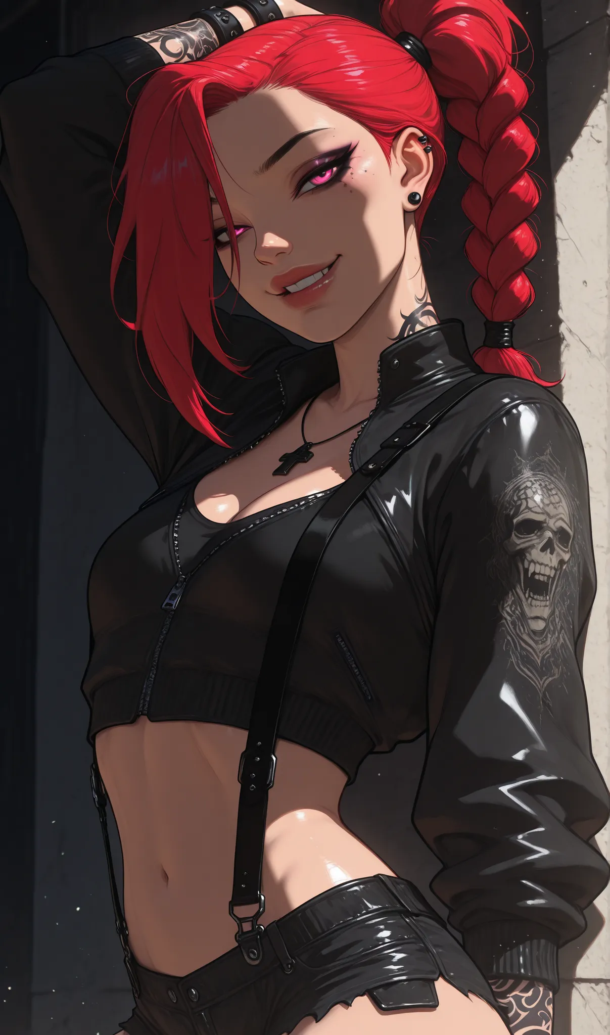 (masterpiece:1.35), (very aesthetic, best quality:1.3), highly detailed, dark environment, backlit, absurdres, close-up view, detailed shading, realistic skin textures, female focus, solo, bracelets, tattoos, septum piercing, piercings, looking at viewer, ...