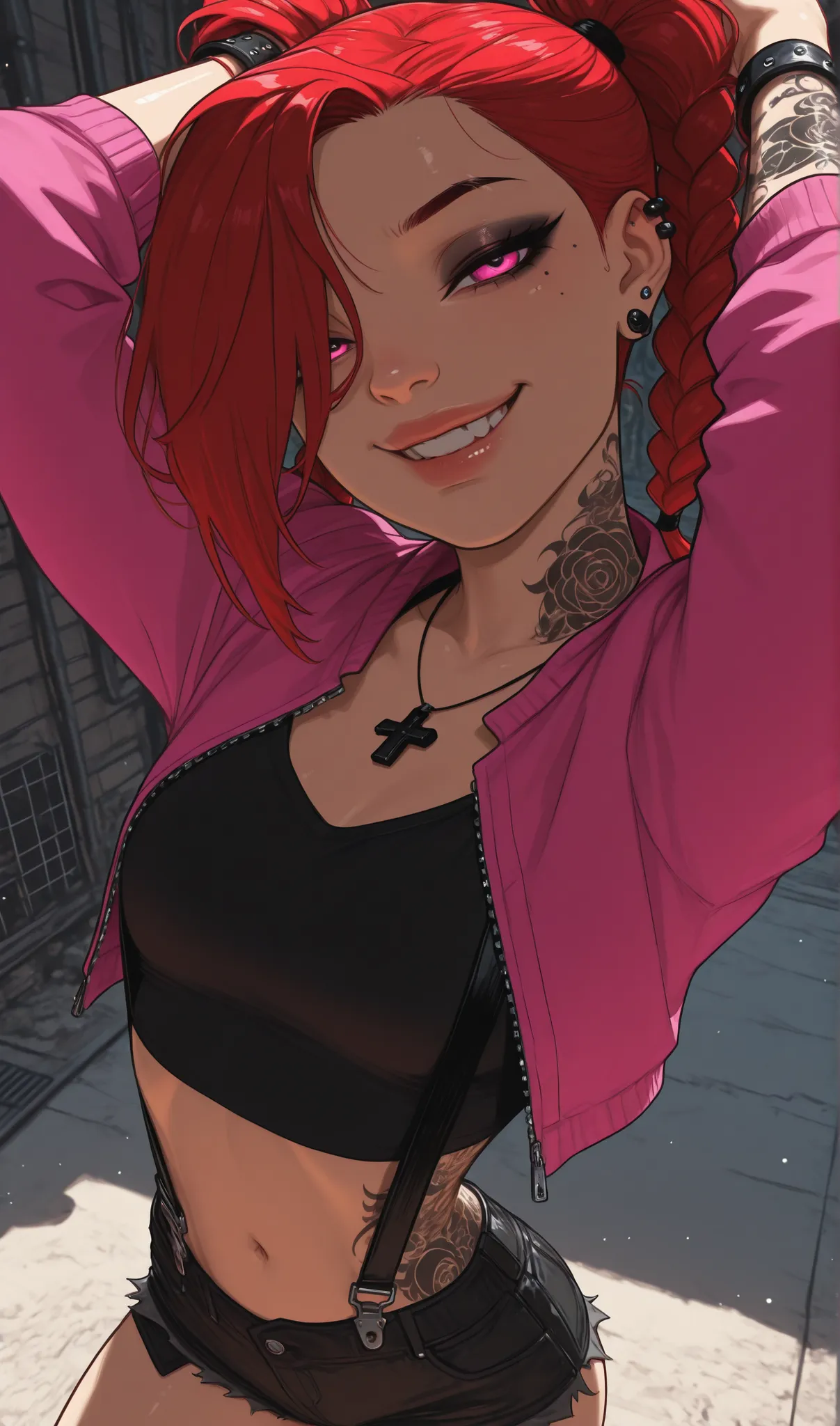 (masterpiece:1.35), (very aesthetic, best quality:1.3), highly detailed, backlit, absurdres, close-up view, detailed shading, solo, bracelets, tattoos, septum piercing, piercings, looking at viewer, parted lips, smile, teeth, adorable, cute, flat_anime sty...