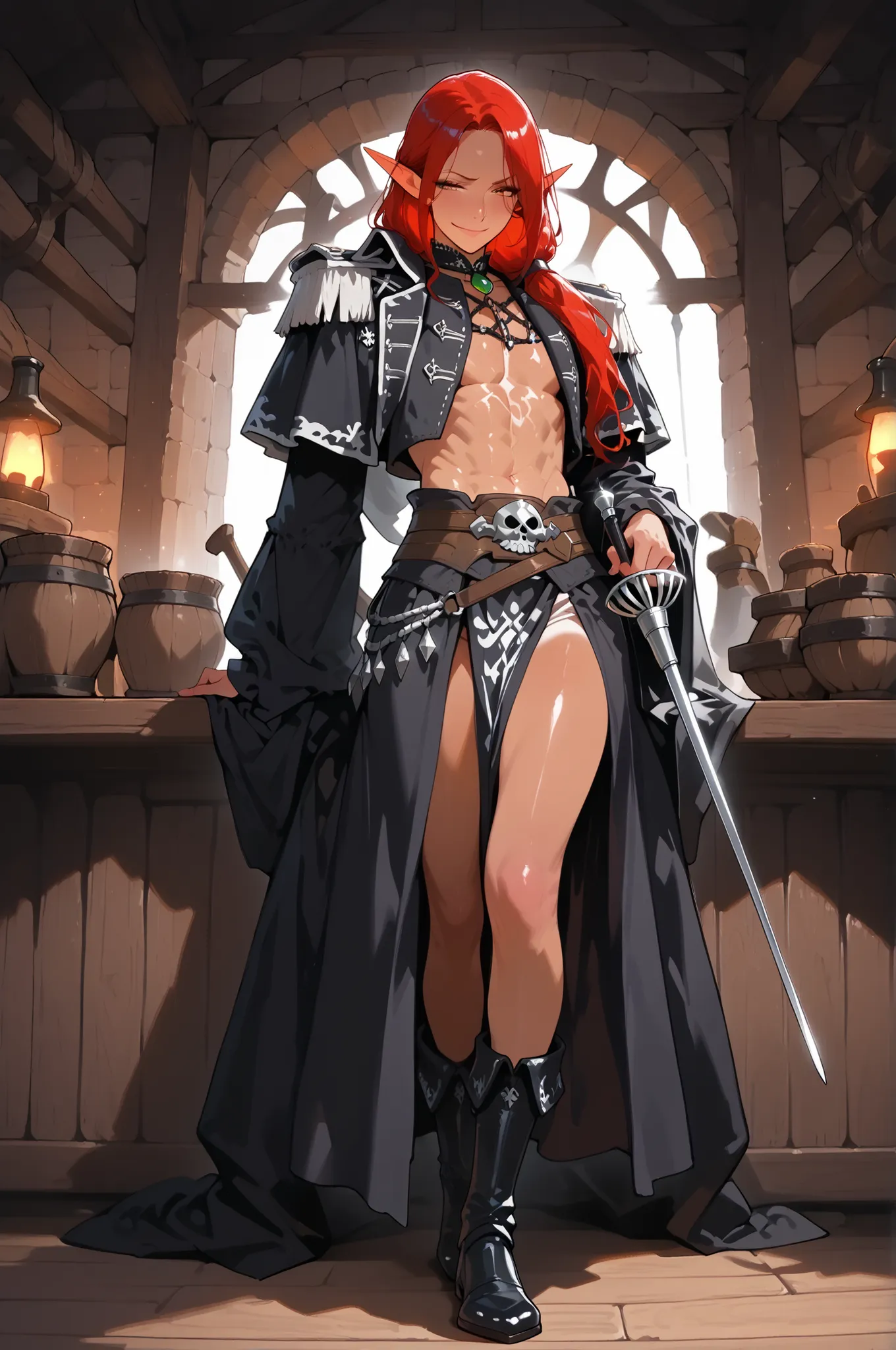(masterpiece, best quality:1.2), highly detailed, solo, 1 man, mature man, full body , male elf, long red hair, skinny toned body, tan skin, black pirate clothes, armed with silver rapier, smug grim smile, amazing tavern background, fan art, 