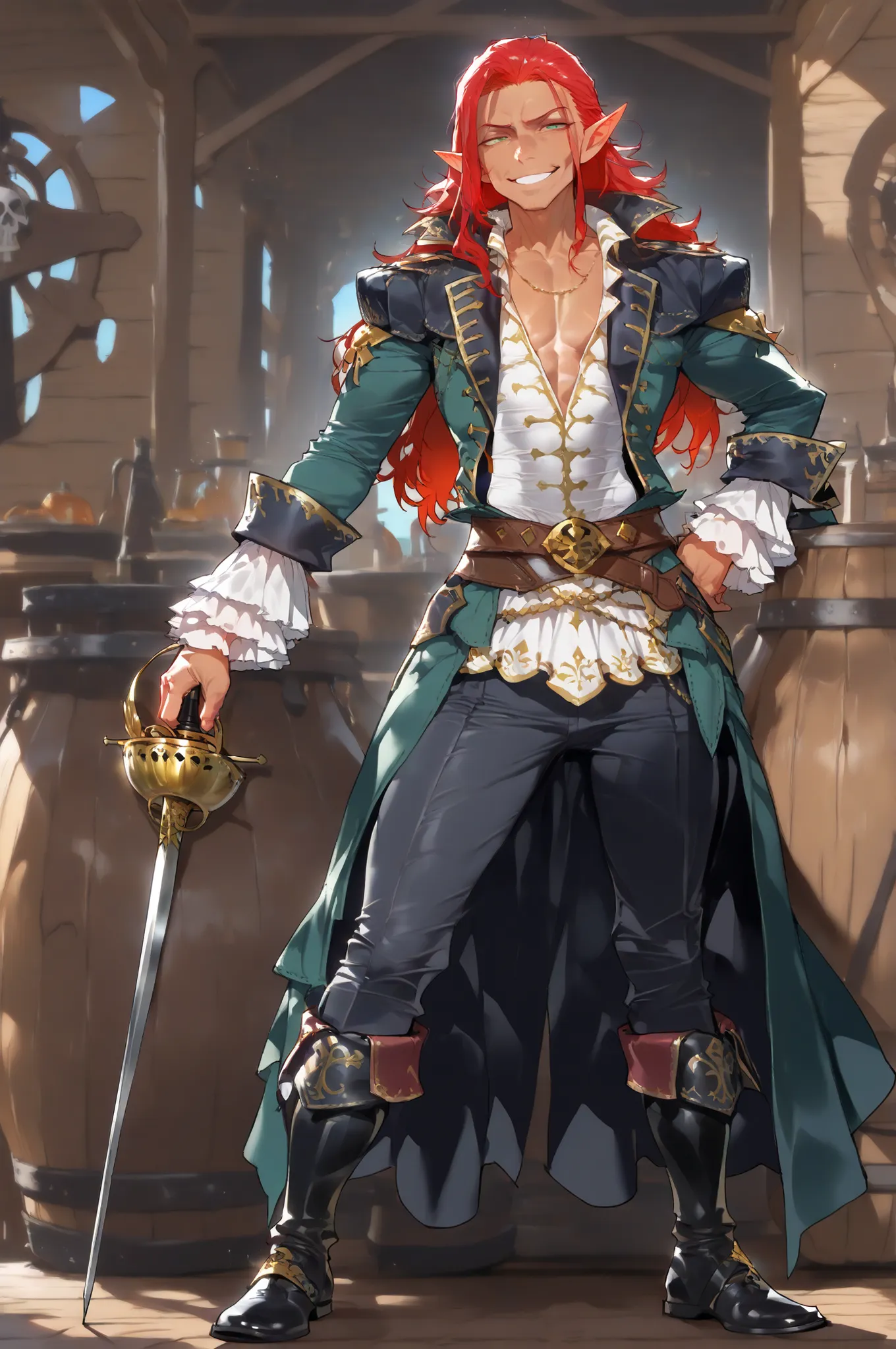 (masterpiece, best quality:1.2), highly detailed, solo, 1 man, mature man, full body , male elf, long red hair, toned body, tan skin, blac clothes, pirate theme, armed with silver rapier, smug grim smile, amazing tavern background, fan art, 