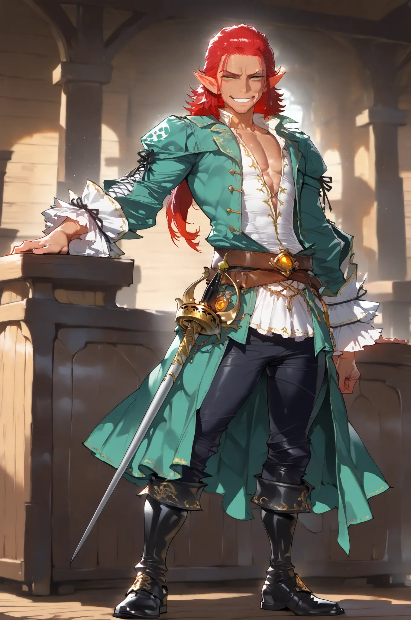 (masterpiece, best quality:1.2), highly detailed, solo, 1 man, mature man, full body , male elf, long red hair, toned body, tan skin, blac clothes, pirate theme, armed with silver rapier, smug grim smile, amazing tavern background, fan art, 