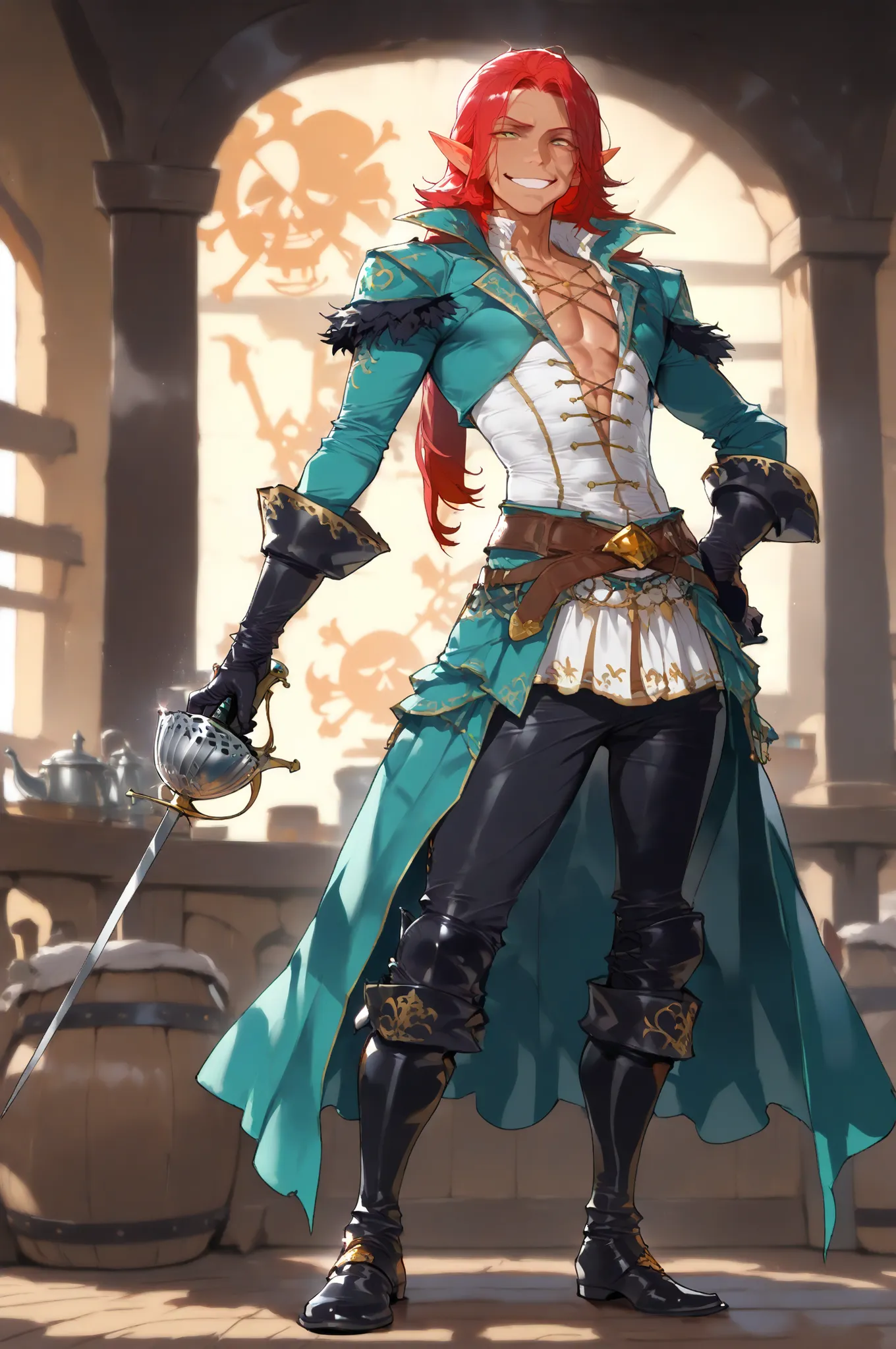 (masterpiece, best quality:1.2), highly detailed, solo, 1 man, mature man, full body , male elf, long red hair, toned body, tan skin, blac clothes, pirate theme, armed with silver rapier, smug grim smile, amazing tavern background, fan art, 