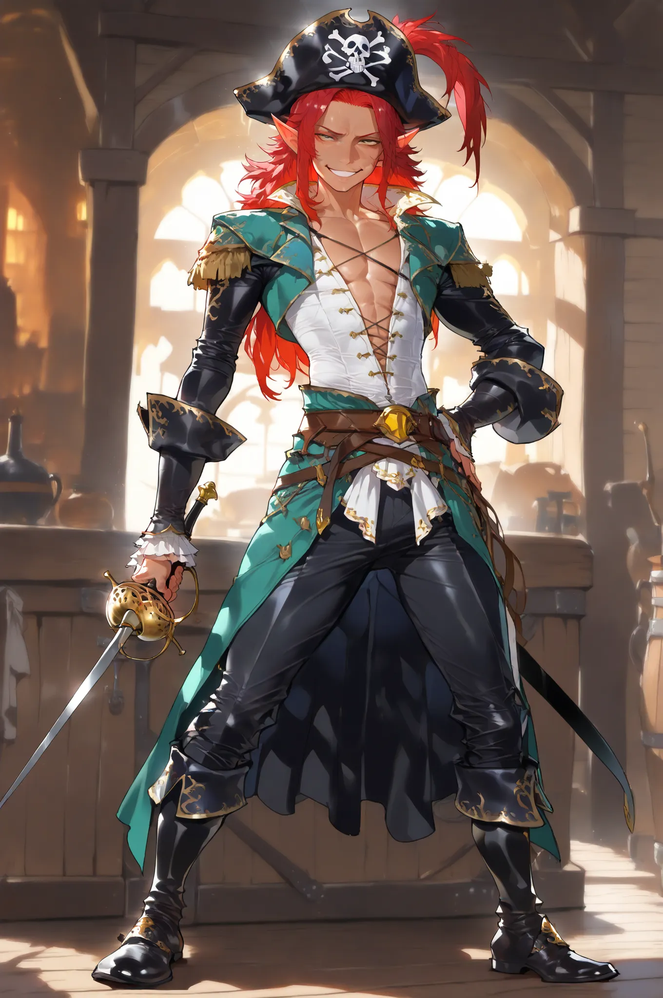 (masterpiece, best quality:1.2), highly detailed, solo, 1 man, mature man, full body , male elf, long red hair, toned body, tan skin, blac clothes, pirate theme, armed with silver rapier, smug grim smile, amazing tavern background, fan art, 