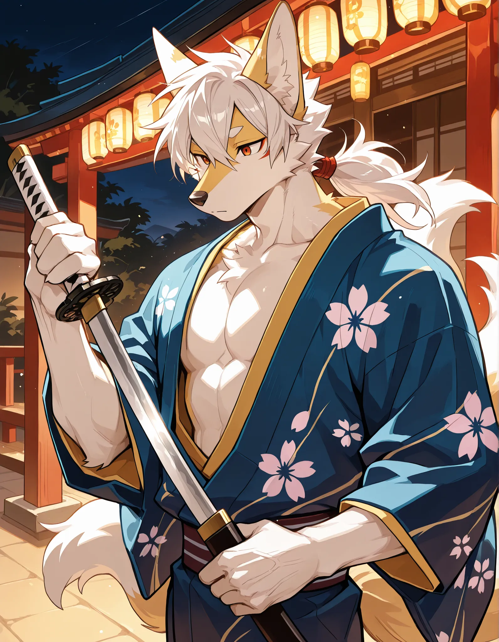  furry, (skinny body:1.3), male skinny nine-tailed fox, nine tails, kimono, holding a katana, round eyes, cute, sakura garden, night, dark, model, handsome, waist shot, perfect, detailed, perfect body type, high resolution, anatomically accurate, detailed ...