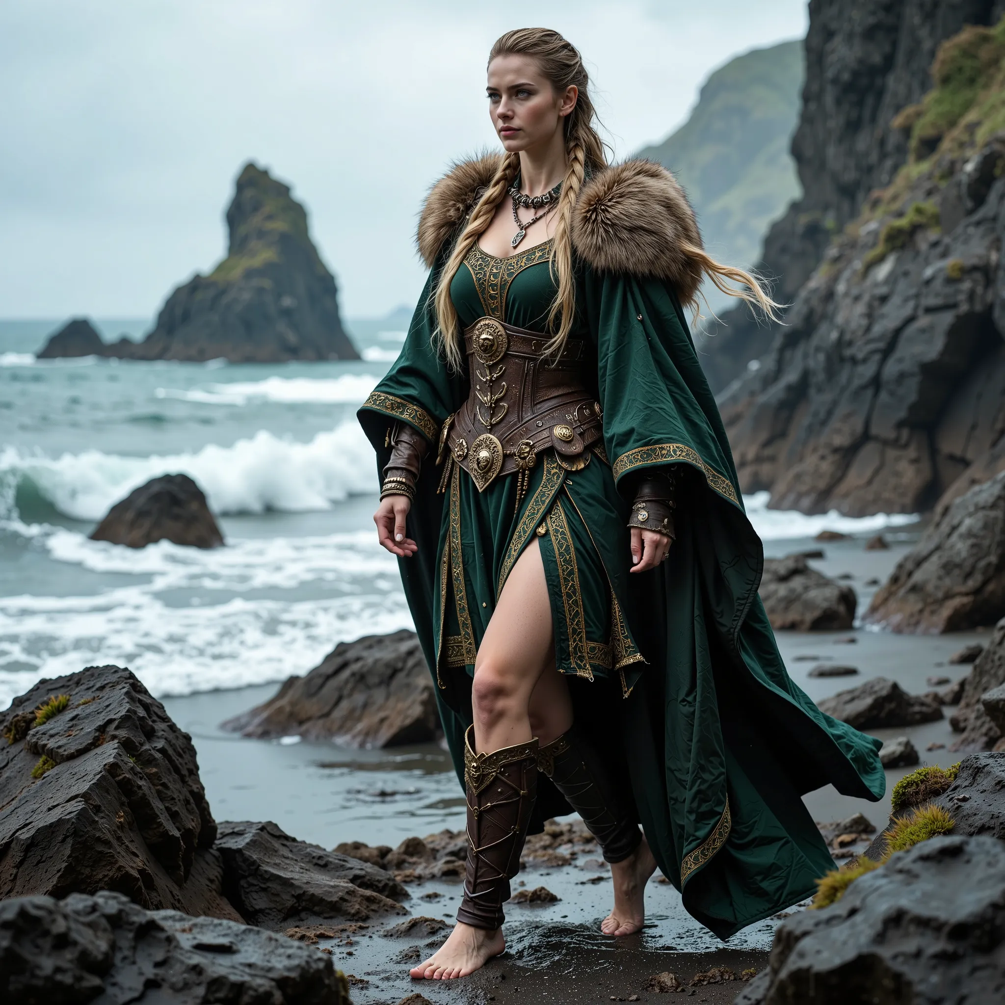 (RAW photo, masterpiece, 8K HDR, ultra-detailed, photorealistic:1.3), cinematic lighting, Norse Viking queen walking with pride, feminine elegance and contemplative serenity along a dramatic Nordic coastline dotted with ancient mystical rune stones, long t...