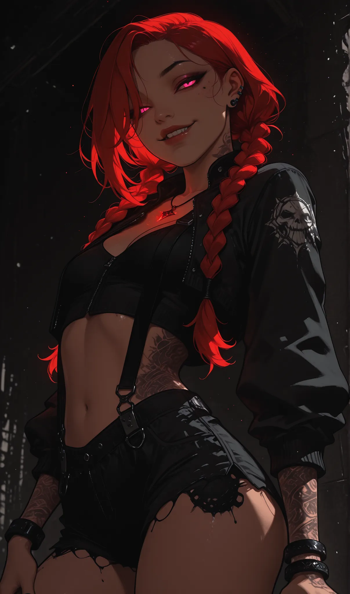 (masterpiece:1.35), (very aesthetic, best quality:1.3), highly detailed, dark environment, backlit, absurdres, close-up view, detailed shading, realistic skin textures, female focus, solo, bracelets, tattoos, septum piercing, piercings, looking at viewer, ...